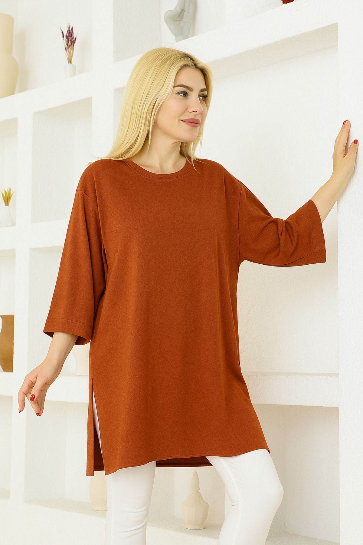 nacar çarşı Kadın Kiremit Oversize Tunik Tişört – Yarım Kollu, Yuvarlak Yaka, Rahat Kesim