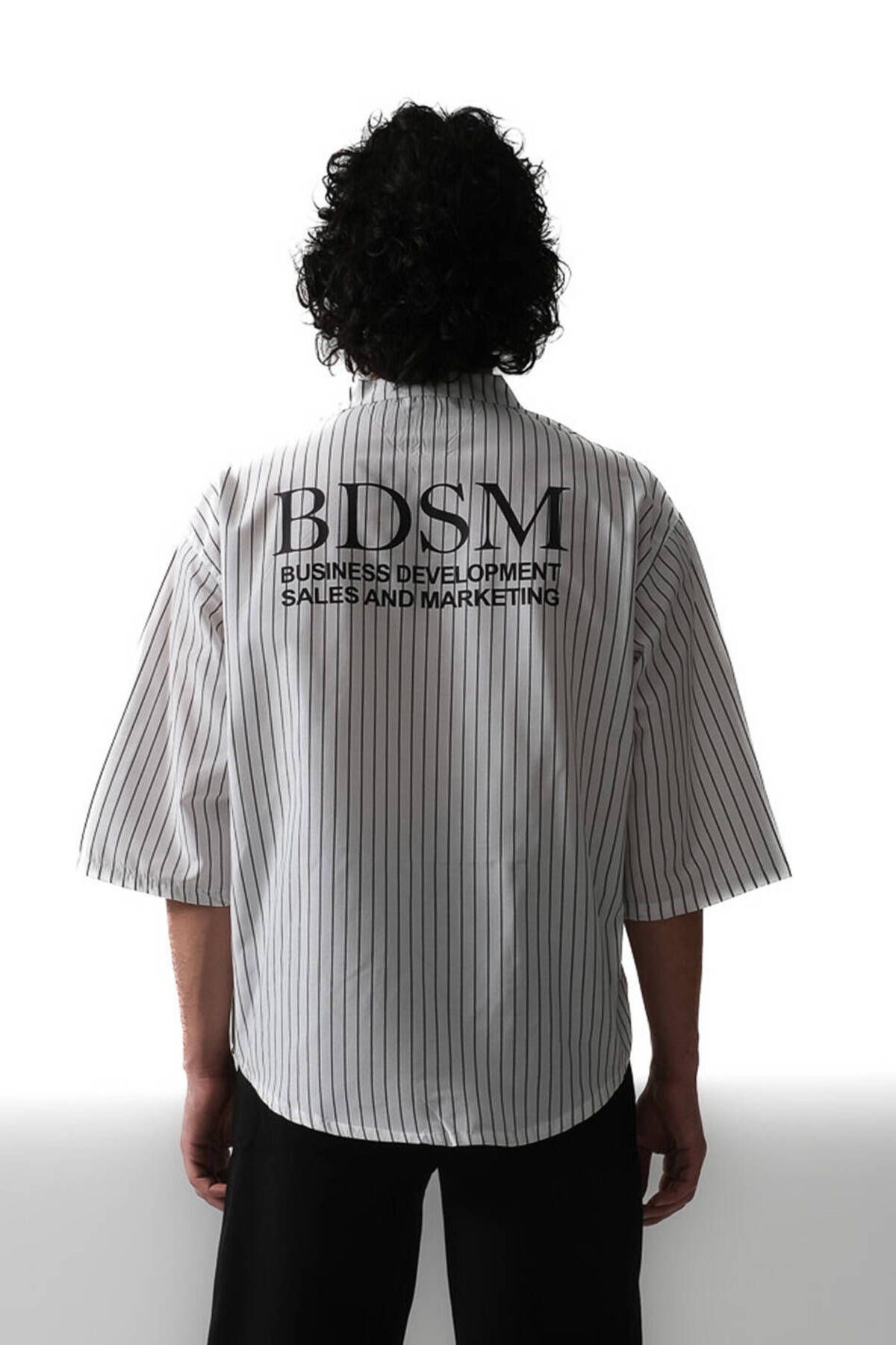 1887CLO BDSM İnce Siyah Çizgili Yarım Kol Oversize Gömlek