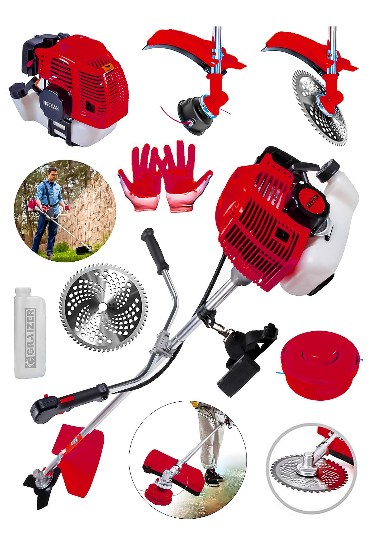 Graizer 58 Cc 11000 Rpm Yan Tipi Benzinli Ot Çalı Çim Biçme Tırpanı-Kırmızı