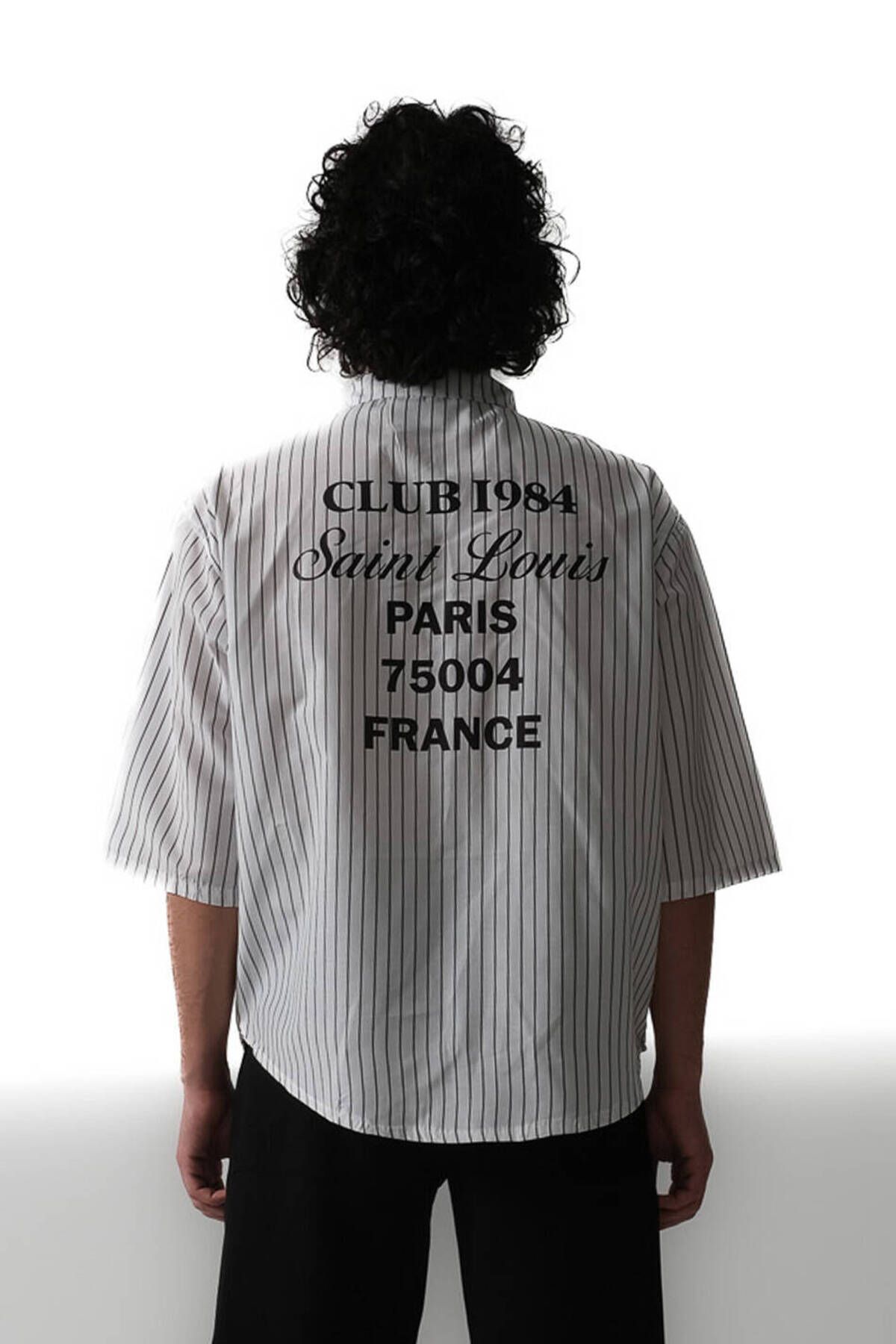1887CLO Saint Louis İnce Siyah Çizgili Yarım Kol Oversize Gömlek