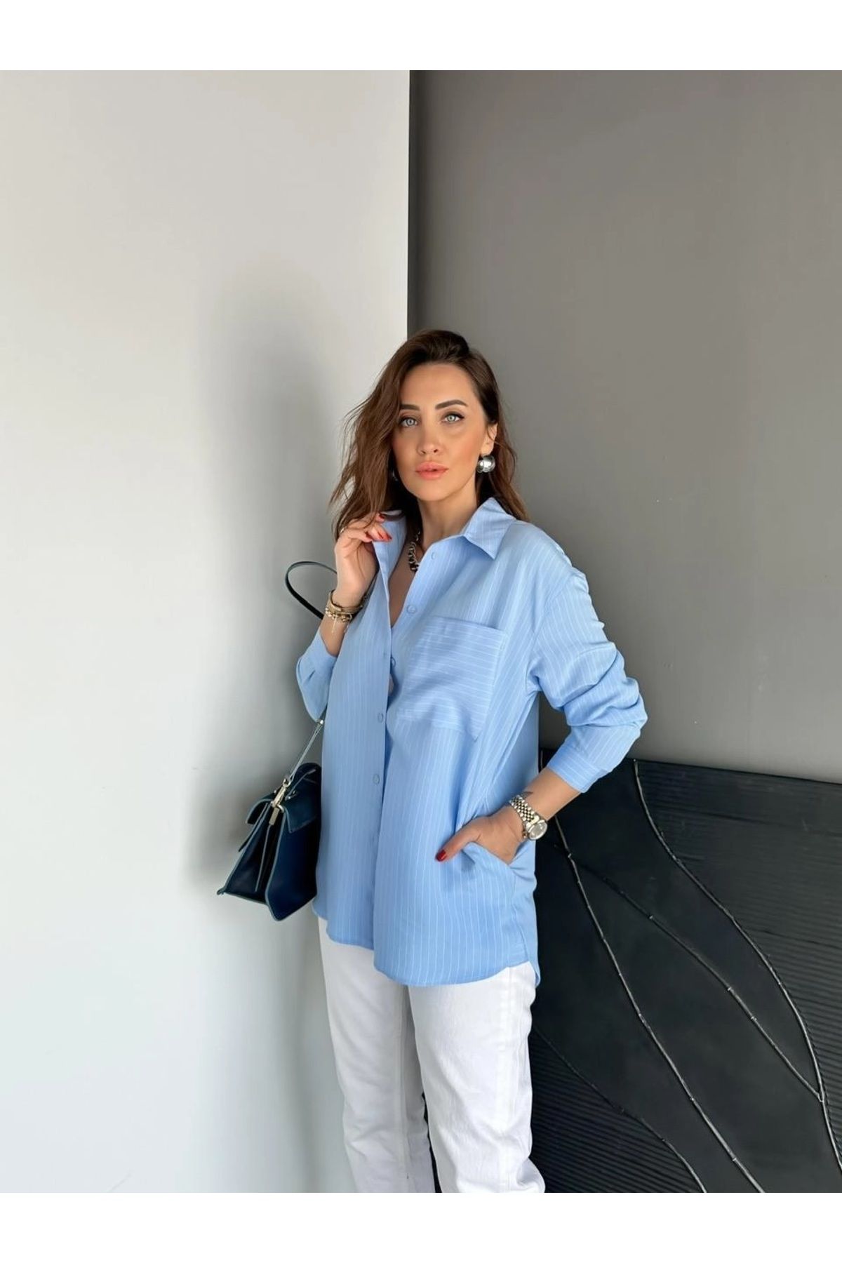 QİMYA BUTİK EGZOTİK ASORTİK Kadın Çizgili Yandan Cepli Oversize Tunik GÖMLEK