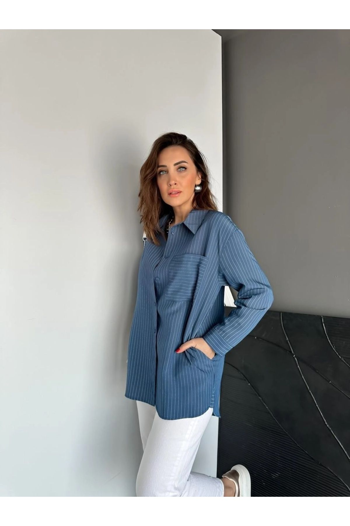 QİMYA BUTİK EGZOTİK ASORTİK Kadın Çizgili Yandan Cepli Oversize Tunik GÖMLEK