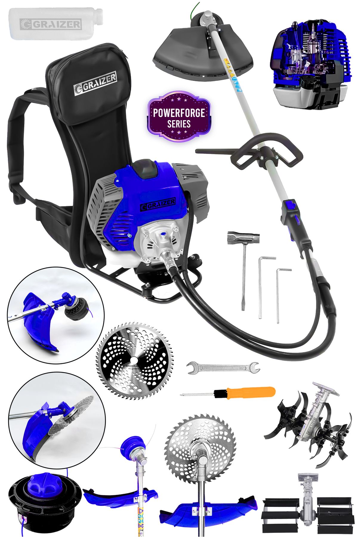 Graizer Powerforge 58 Cc 11000 Rpm Sırt Tipi Benzinli Çalı Çim Biçme Tırpan Akrobat-Palet Çapa-Mavi