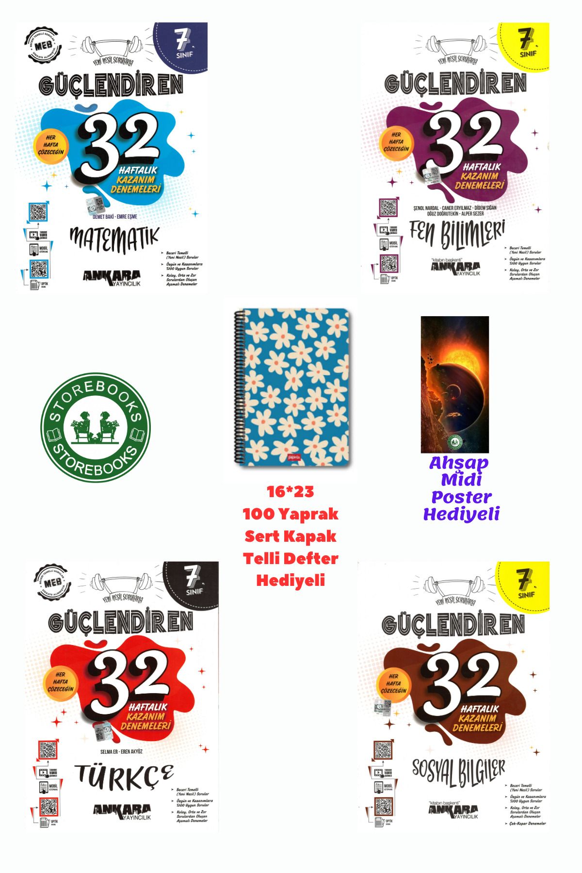 Ankara Yayıncılık 7. Sınıf Güçlendiren Mat+Fen+Türkçe+Sosyal 32 Haftalık Deneme Seti+Defter ve Ahşap Poster Hediyeli