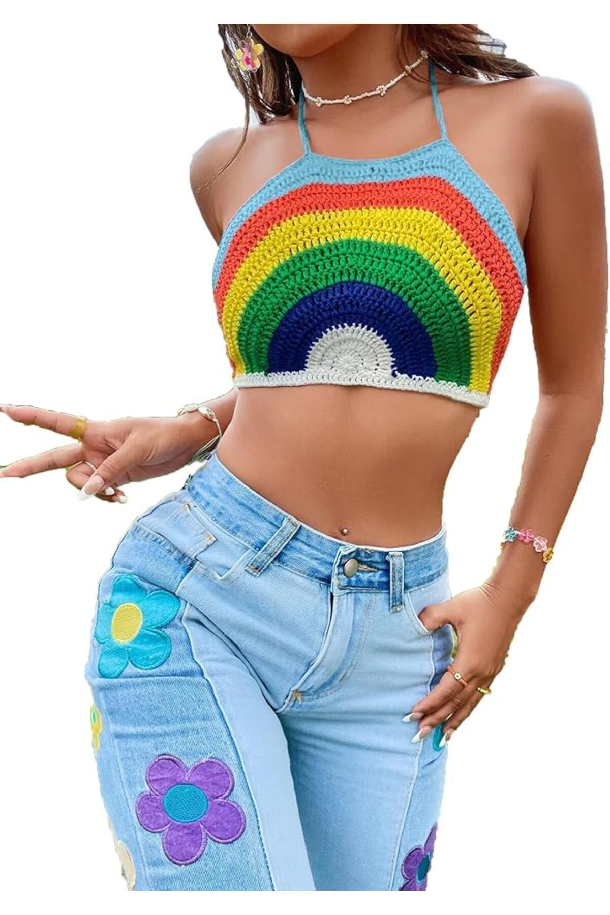 ThreadArtByNur Çok Renkli El Örgüsü Gökkuşağı Büstiyer Crop İç Göstermez Sık Iğne Yaz Modası