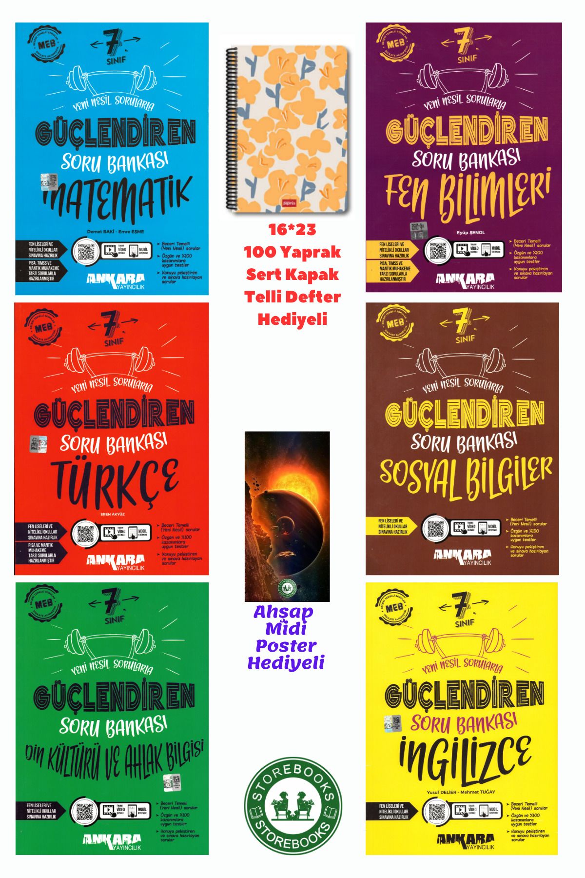 Ankara Yayıncılık 7. Sınıf Güçlendiren Mat+Fen+Türkçe+Sosyal+Din ve İngilizce Soru +Defter ve Ahşap Poster Hediyeli