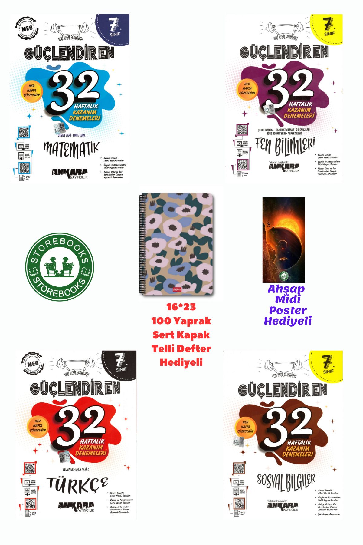 Ankara Yayıncılık 7. Sınıf Güçlendiren Mat+Fen+Türkçe+Sosyal 32 Haftalık Deneme Seti+Defter ve Ahşap Poster Hediyeli