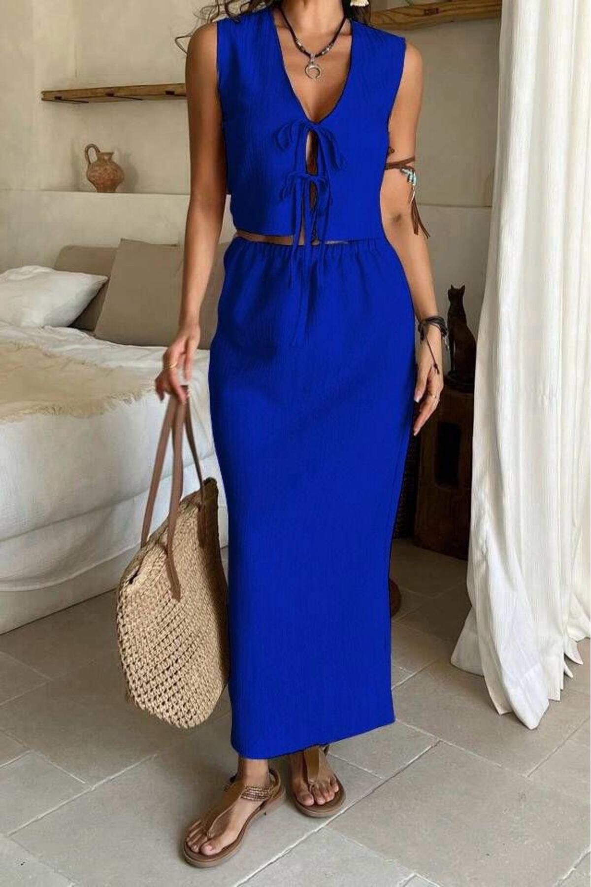 bb butik basic Yelek Etek Bağlamalı Takım (Kolay Ütü) GF1571