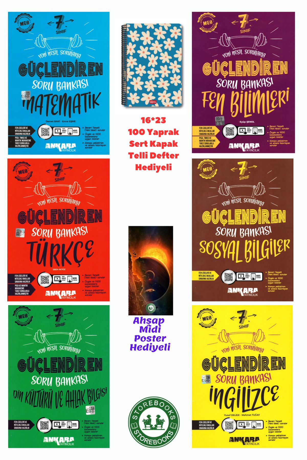 Ankara Yayıncılık 7. Sınıf Güçlendiren Mat+Fen+Türkçe+Sosyal+Din ve İngilizce Soru +Defter ve Ahşap Poster Hediyeli