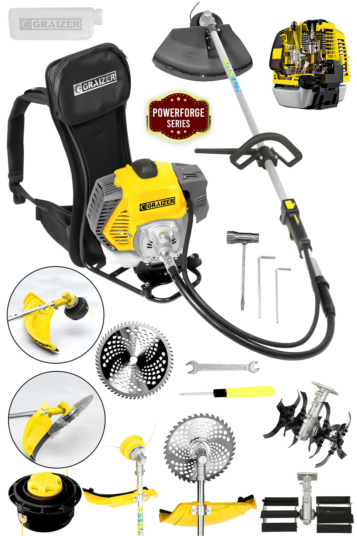 Graizer Powerforge 58 Cc 11000 Rpm Sırt Tipi Benzinli Çalı Çim Biçme Tırpan Akrobat-Palet Çapa-Sarı