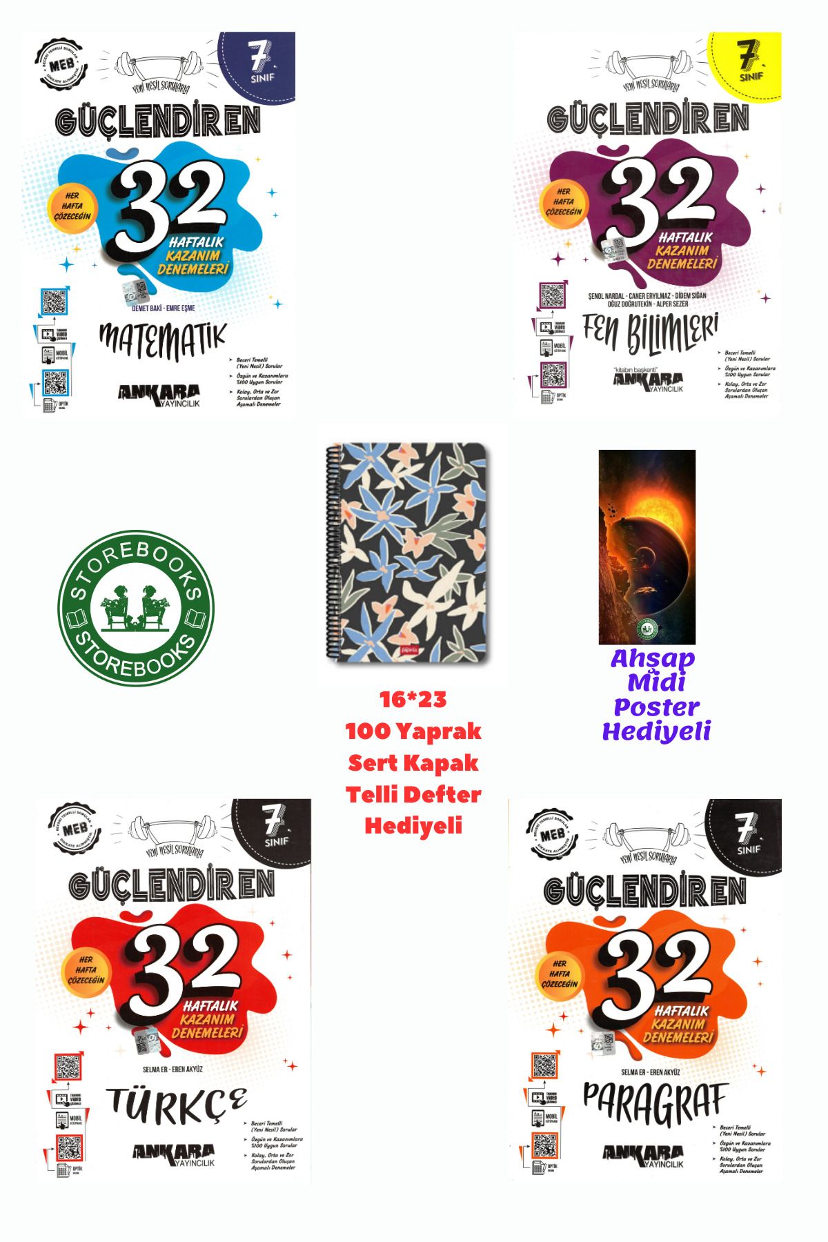 Ankara Yayıncılık 7. Sınıf Güçlendiren Mat+Fen+Türkçe+Paragraf 32 Haftalık Deneme Seti+Defter ve Ahşap Poster Hediyeli