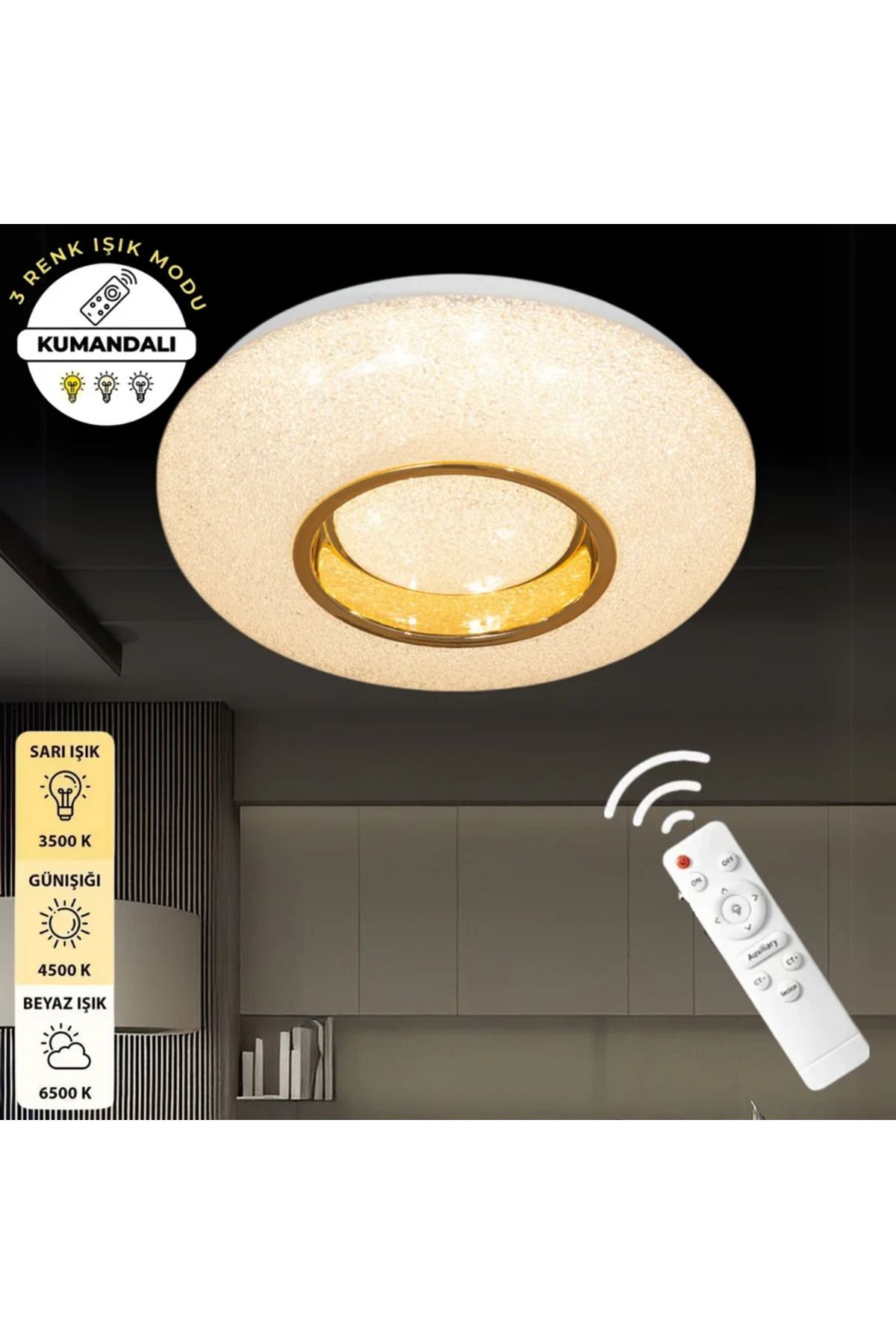 Elektroyou Lara Gold Uzaktan Kumandalı 3 Renk 30 cm Led Avize