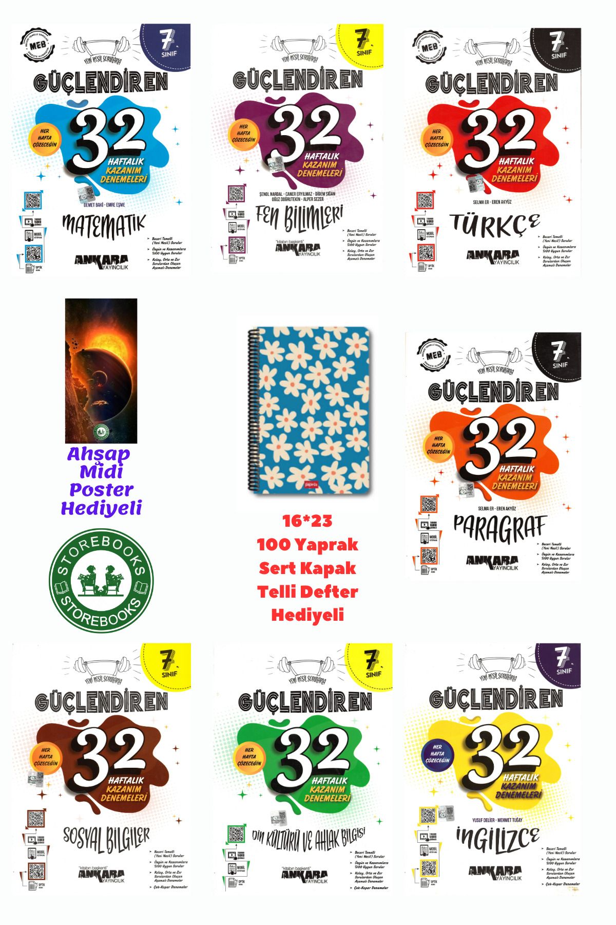 Ankara Yayıncılık 7. Sınıf Güçlendiren Süper Tüm Dersler 32 Haftalık Deneme Seti+Defter ve Ahşap Poster Hediyeli