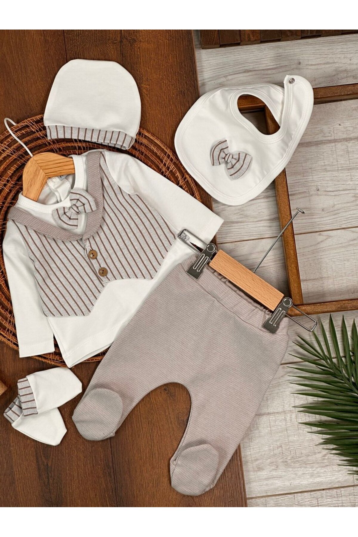 Kids Kingdom Yüksek Kalite Pamuk Çizgili Erkek Bebek 5li Hastane Çıkış Seti fotoğrafı 4 (önizleme)