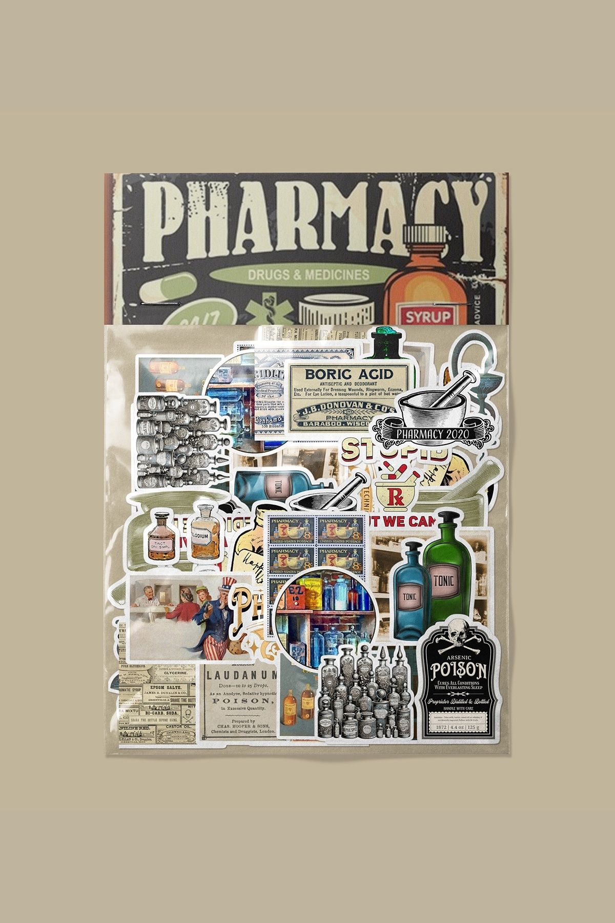 dadi ramba Vintage Eczane Sticker paketi -Bullet Journal - Ajanda -Laptop Etiket Çıkartma