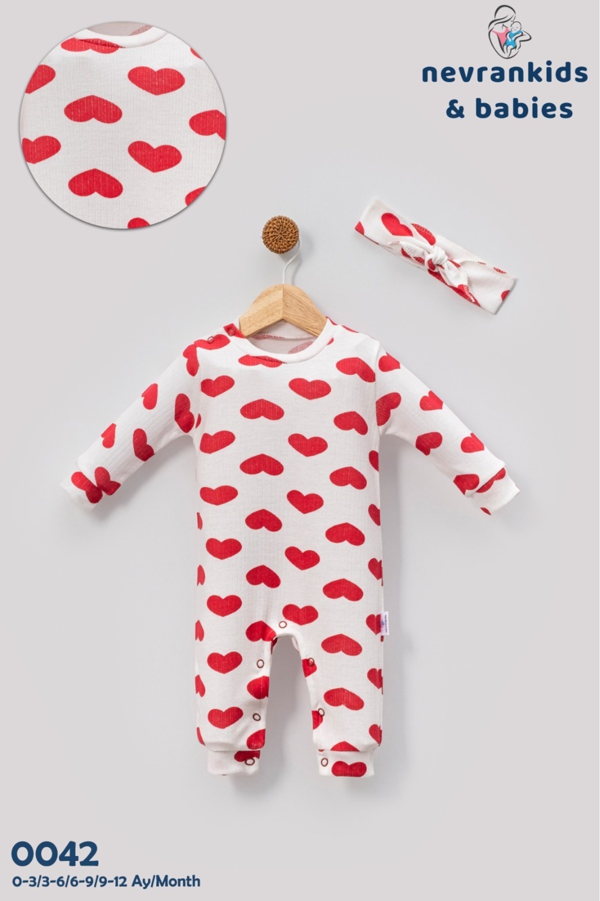 nevrankids Kız Bebek Big Heart Pattern Bandanalı Patiksiz Çıt’lı Tulum Set fotoğrafı 4 (önizleme)