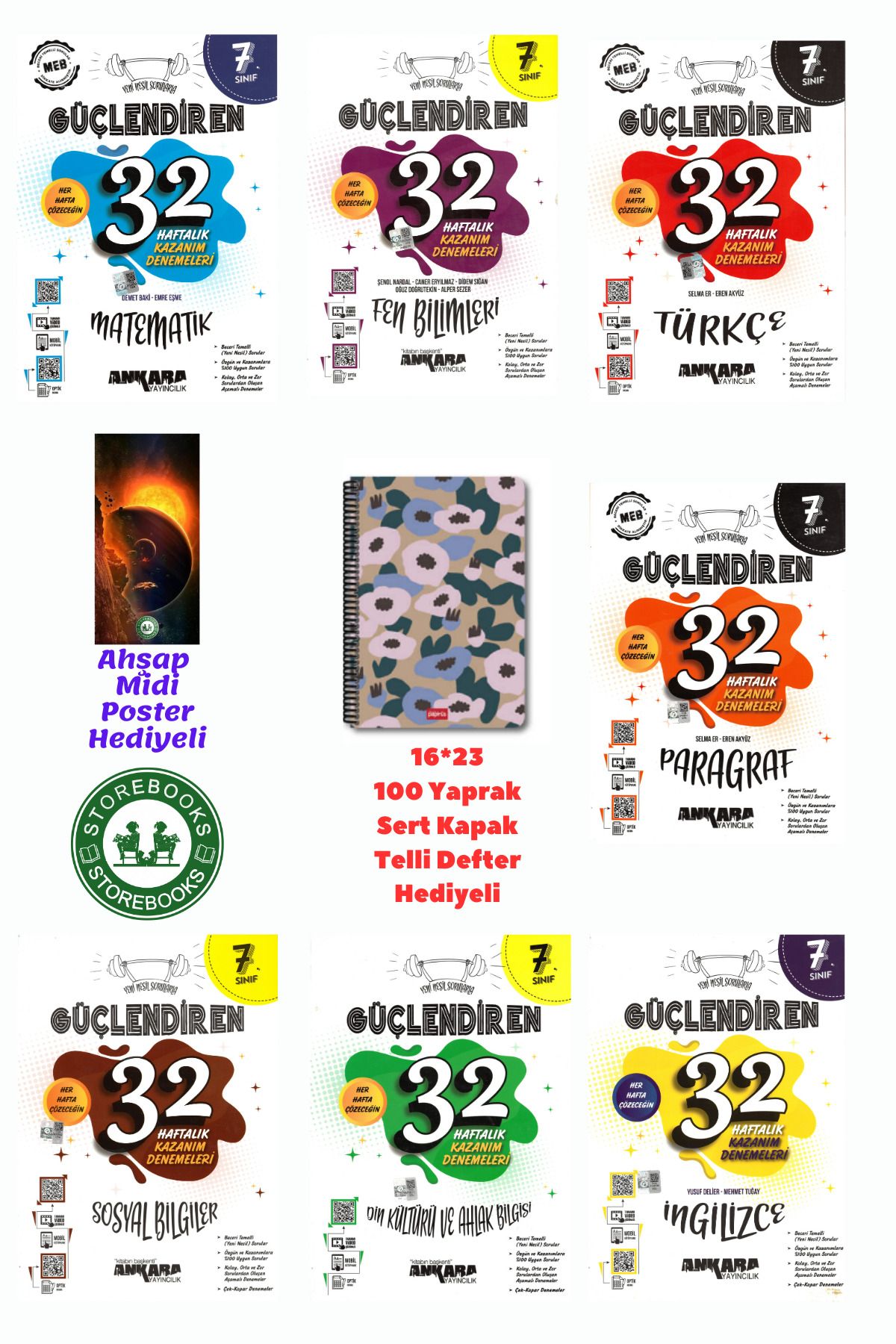 Ankara Yayıncılık 7. Sınıf Güçlendiren Süper Tüm Dersler 32 Haftalık Deneme Seti+Defter ve Ahşap Poster Hediyeli