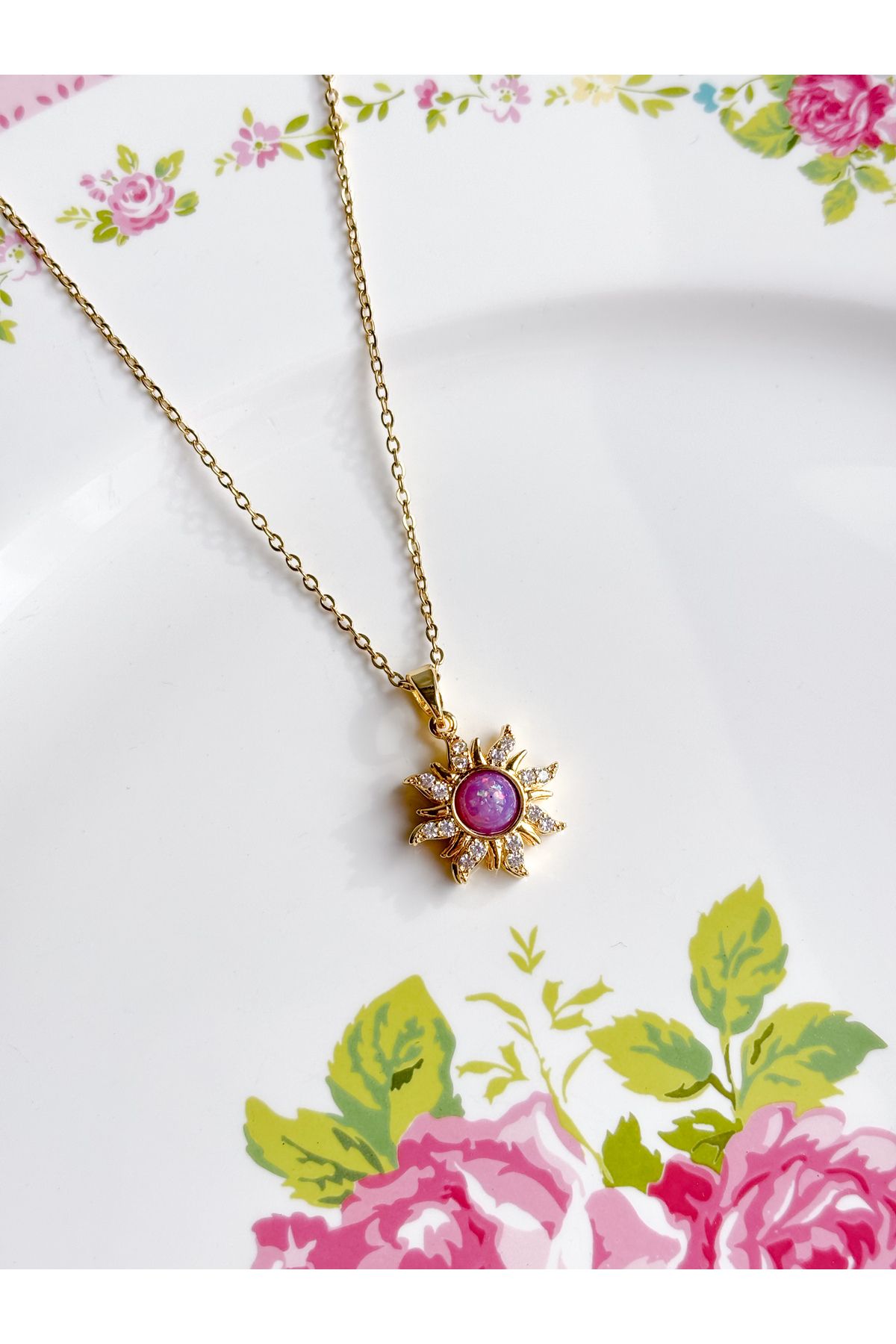 Reorah Collection Rapunzel Sun Fidget Çelik Kolye-Mor Taşlı Dönen Güneş Kolye Çelik