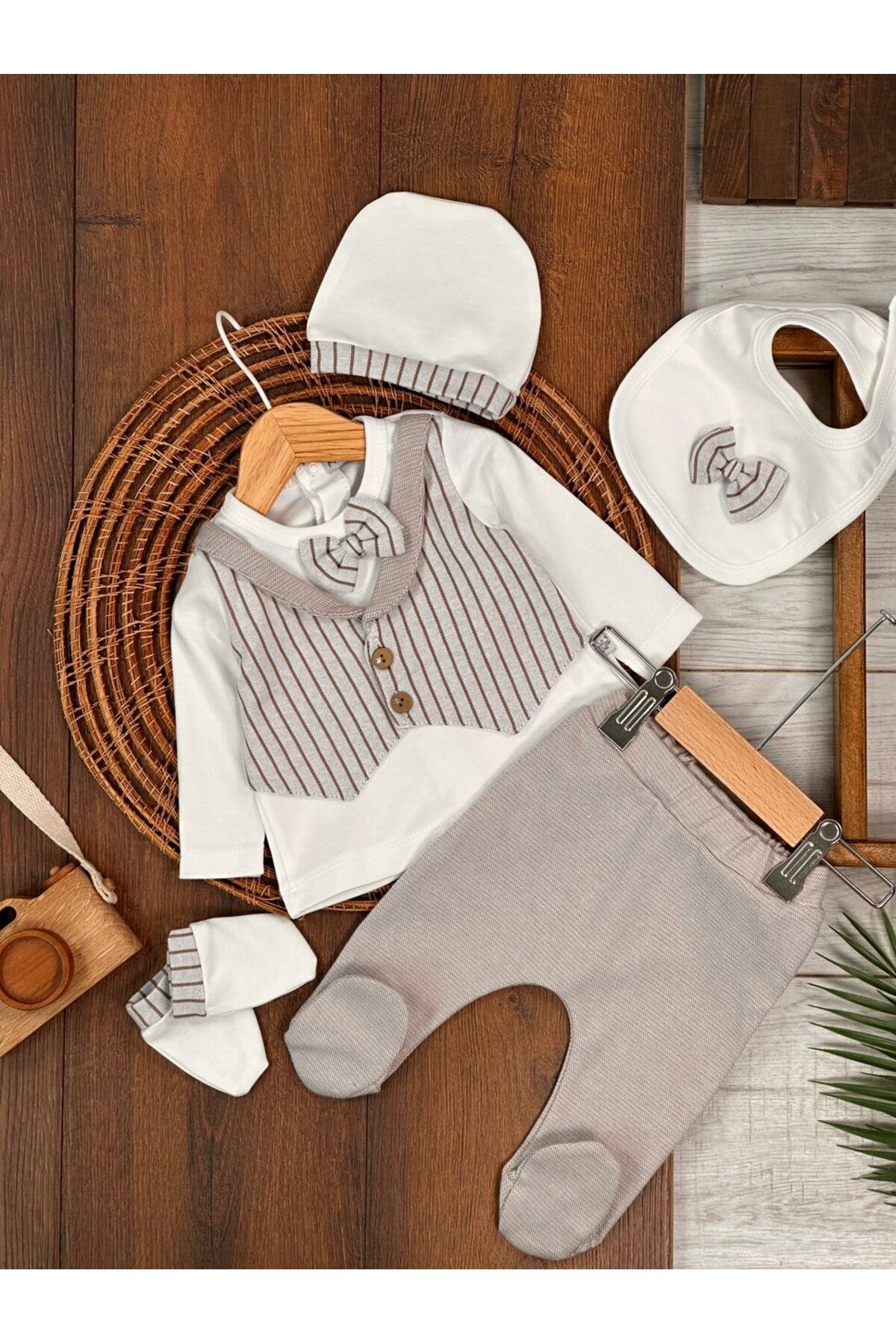 Kids Kingdom Yüksek Kalite Pamuk Çizgili Erkek Bebek 5li Hastane Çıkış Seti fotoğrafı 2 (önizleme)