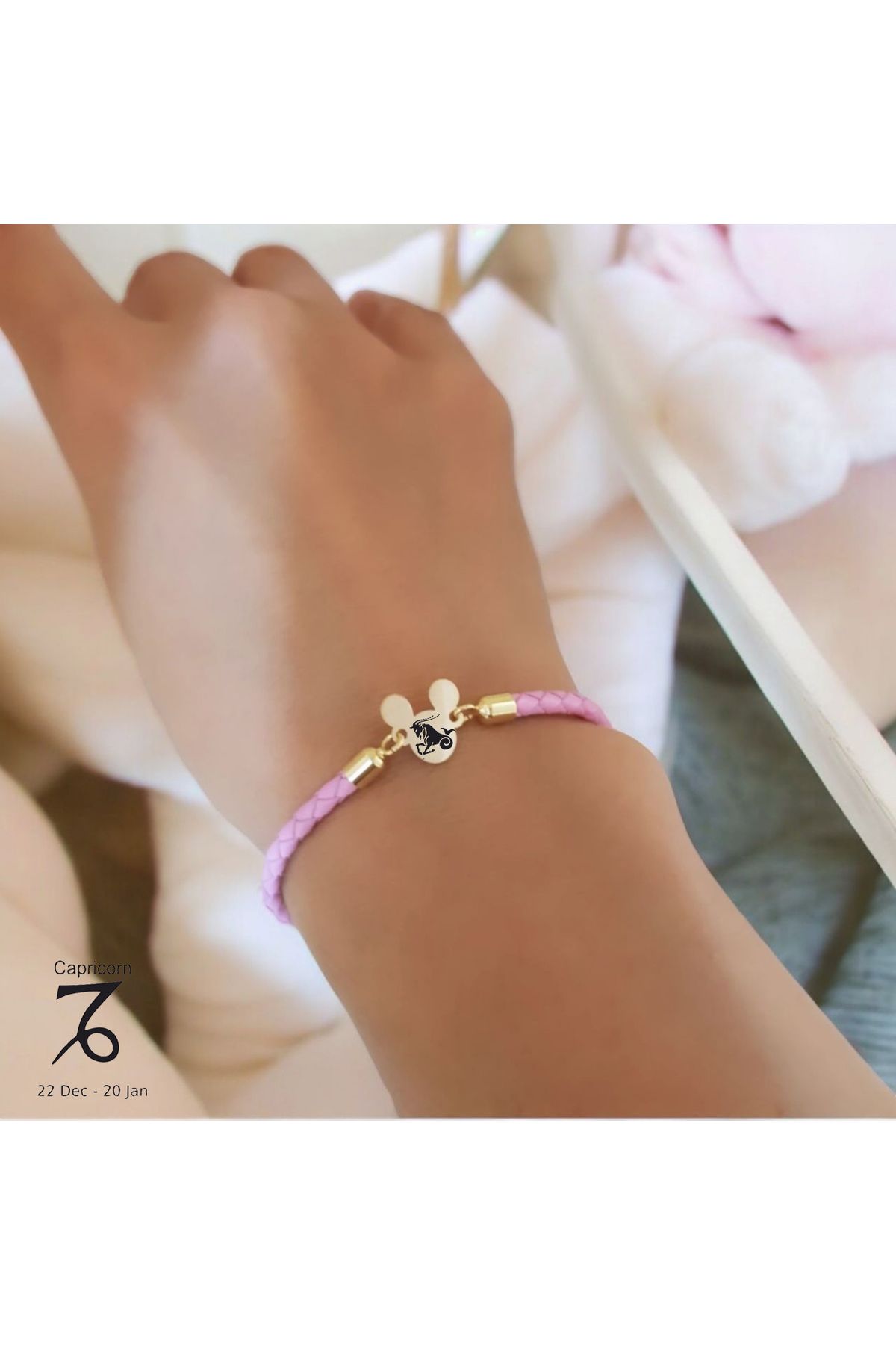 ARCHINO GOLD Mickey Mouse'lu 14 Ayar Altın Plakalı Hakiki Derili Bayanlara Oğlak Burcu Bilekliği-445burç-pembe