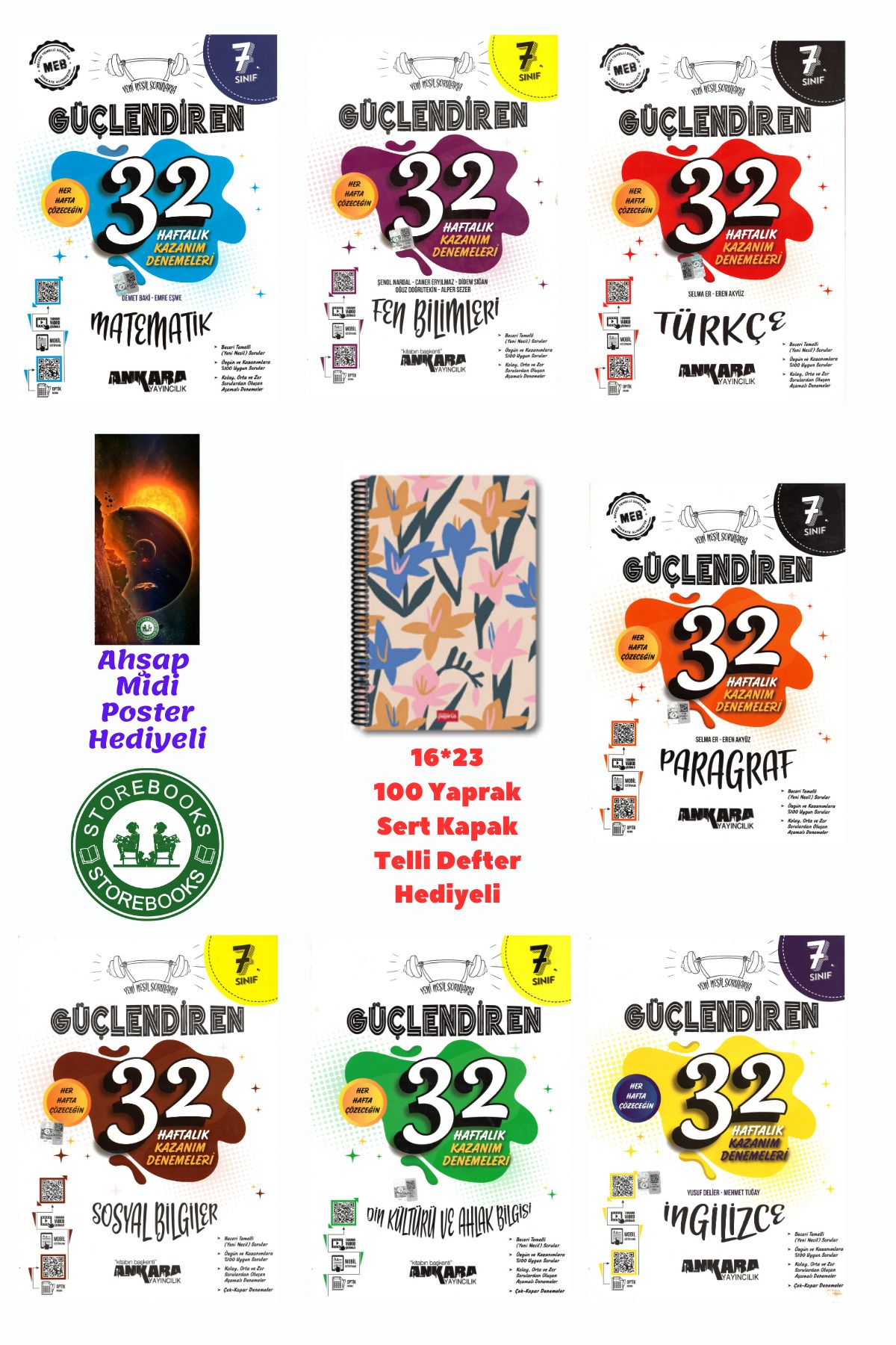 Ankara Yayıncılık 7. Sınıf Güçlendiren Süper Tüm Dersler 32 Haftalık Deneme Seti+Defter ve Ahşap Poster Hediyeli