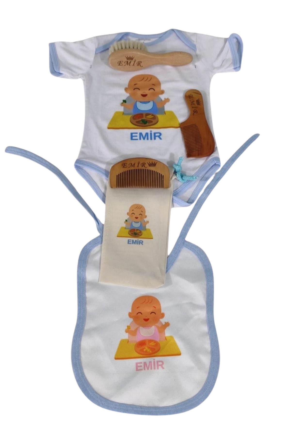 GM CAPELLA Yeni Doğan Bebek İsimli Set Bebek Hediye Seti Doğum Hediye Seti Zıbın, Önlük, Tarak, Fırça ve Kese