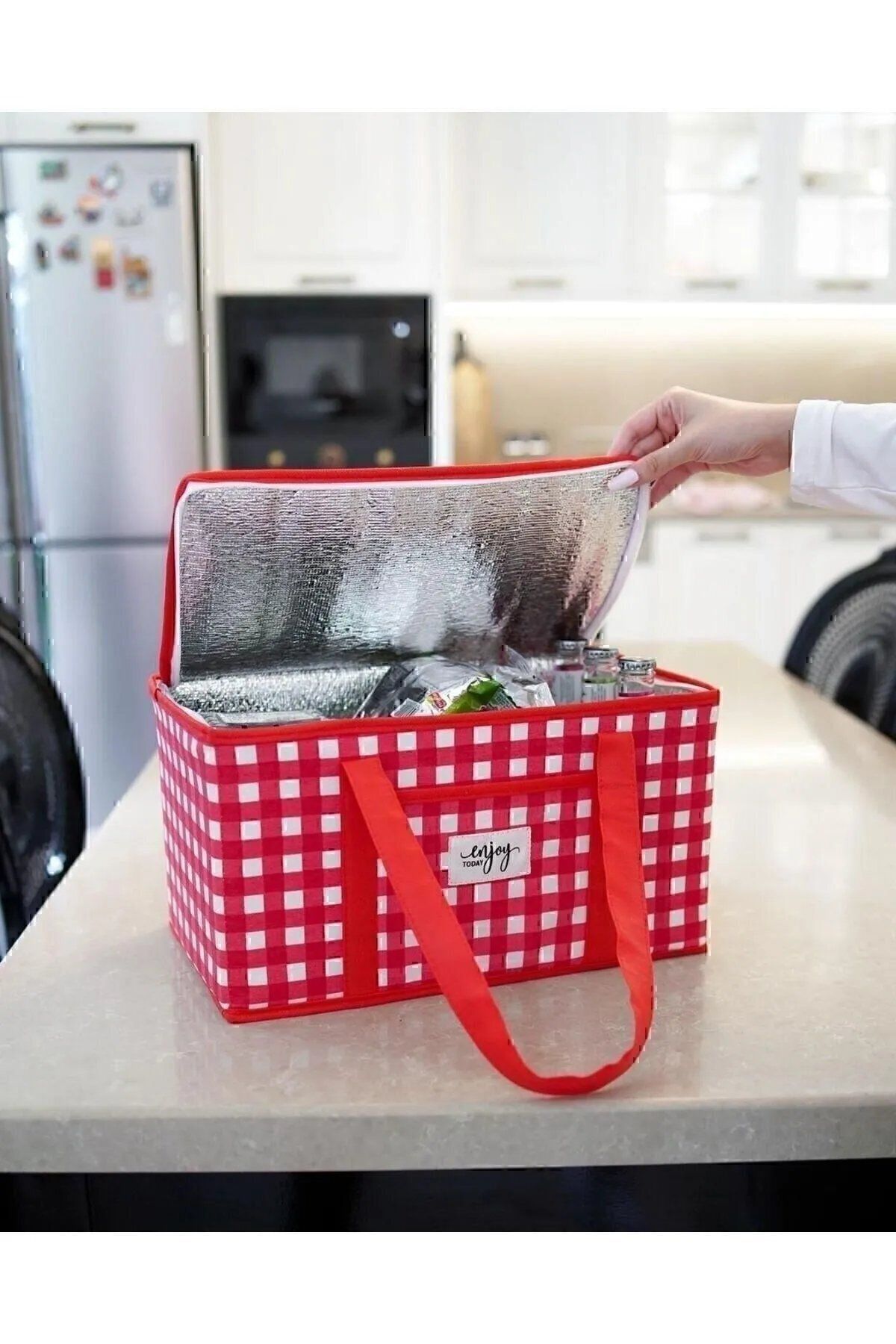 vipgross Termo Lüks Piknik Kamp Çantası Kırmızı Ekoseli 35 x 20 x 20 cm