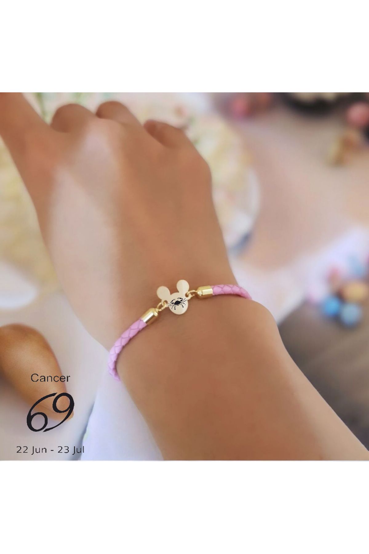 ARCHINO GOLD Bayanlara Mickey Mouse'lu 14 Ayar Altın Plakalı Hakiki Derili Yengeç Burcu Bilekliği-445burç-pembe