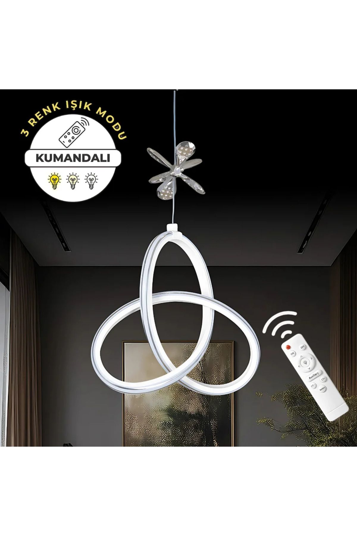 Elektroyou Yonca Beyaz Kumandalı 3 Renk Dimmerli LED Krom Çizgili Krom Kelebek Detaylı Sarkıt Avize