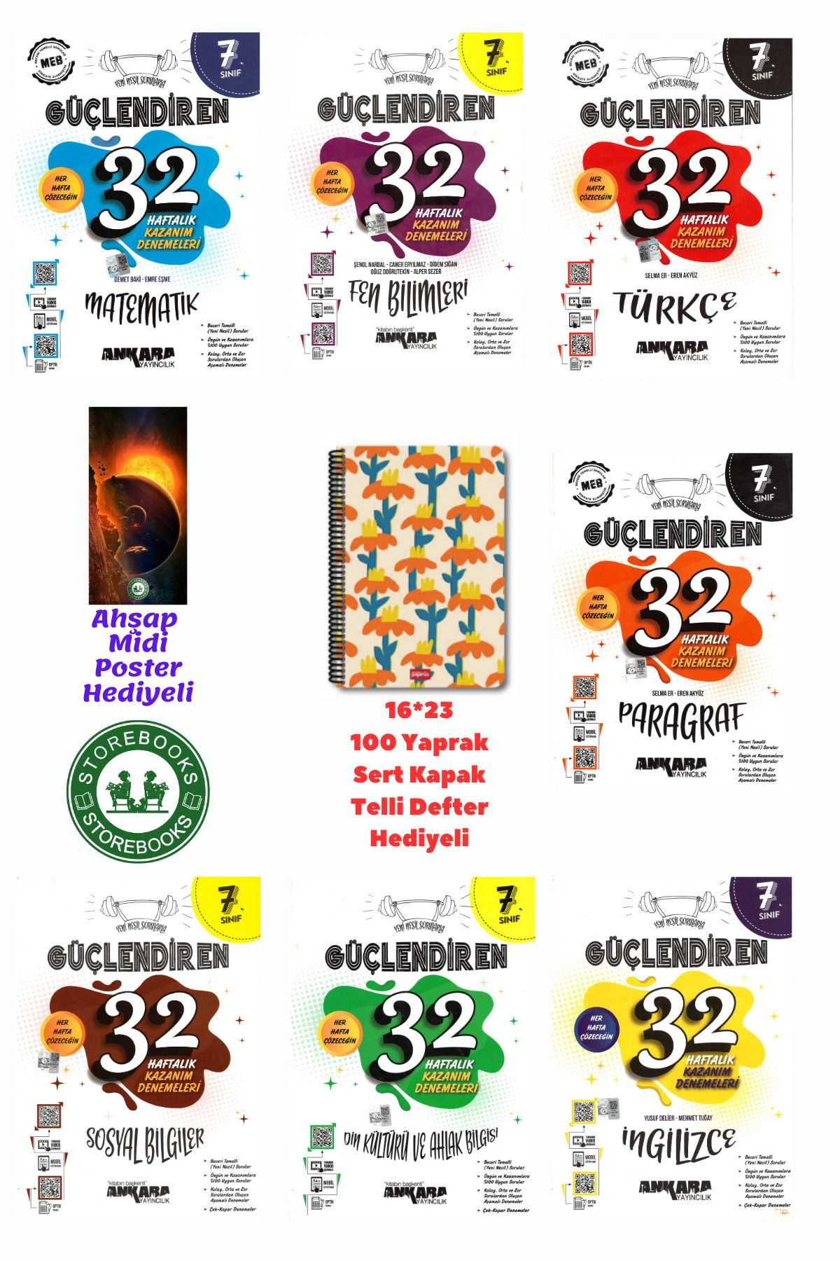 Ankara Yayıncılık 7. Sınıf Güçlendiren Süper Tüm Dersler 32 Haftalık Deneme Seti+Defter ve Ahşap Poster Hediyeli