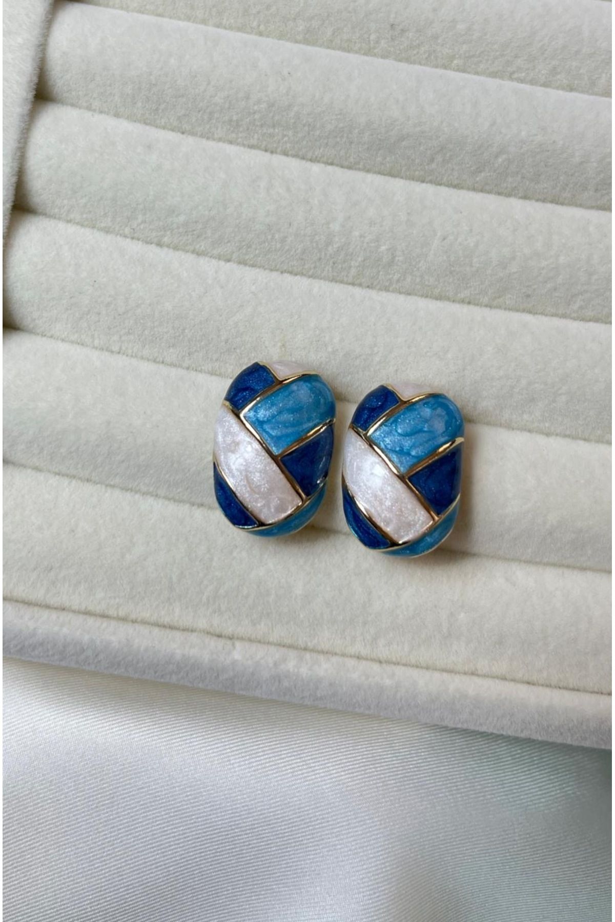 Orvix Accessories MAVİ BEYAZLI VİNTAGE KADIN GÜNLÜK KÜPE YAZLIK KÜPE ABİYE KÜPE HEDİYE KÜPE