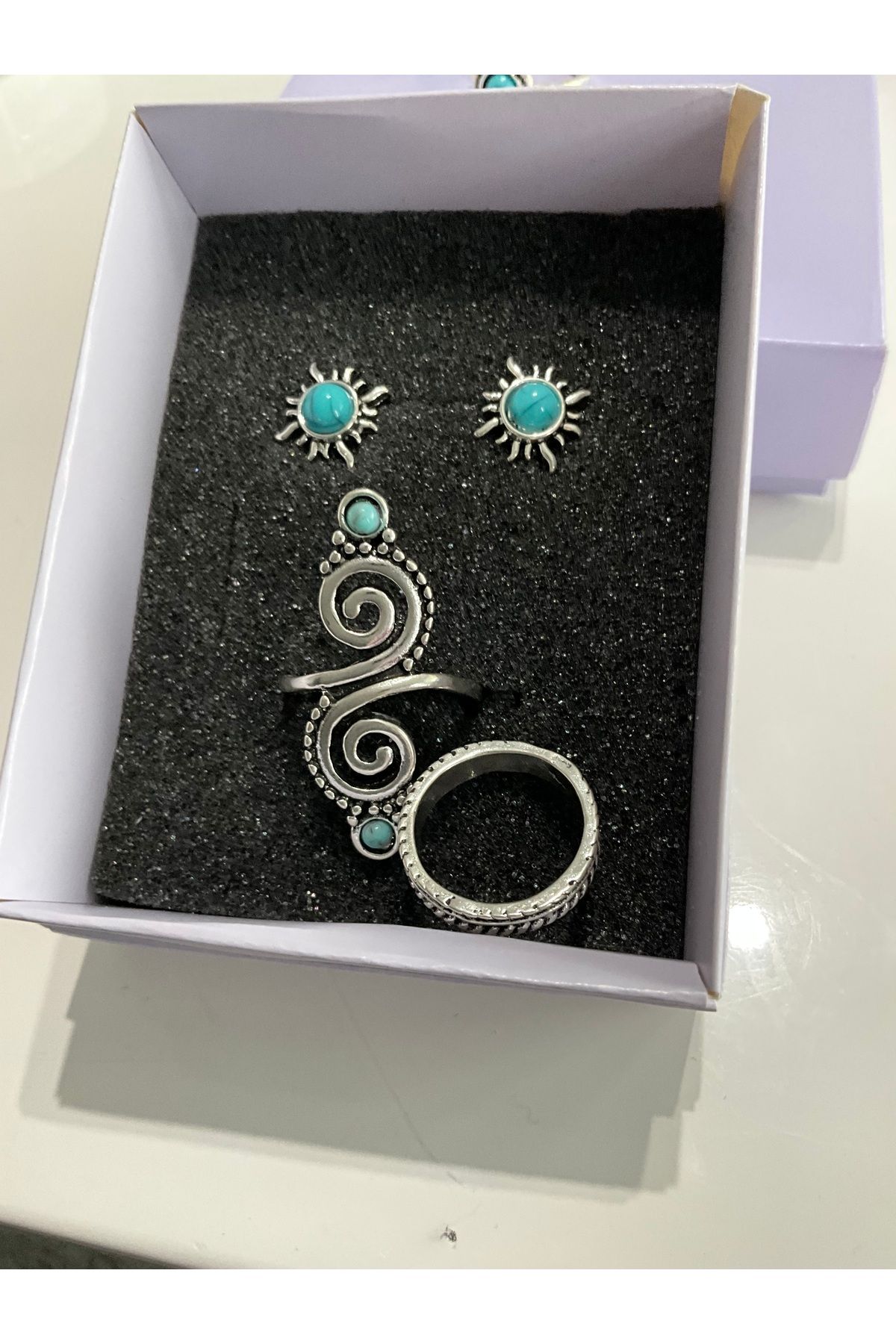 BaublesNme Turkuaz taşlarla süslenmiş zarif yüzük ve küpe seti,çelik takı kadınlar için