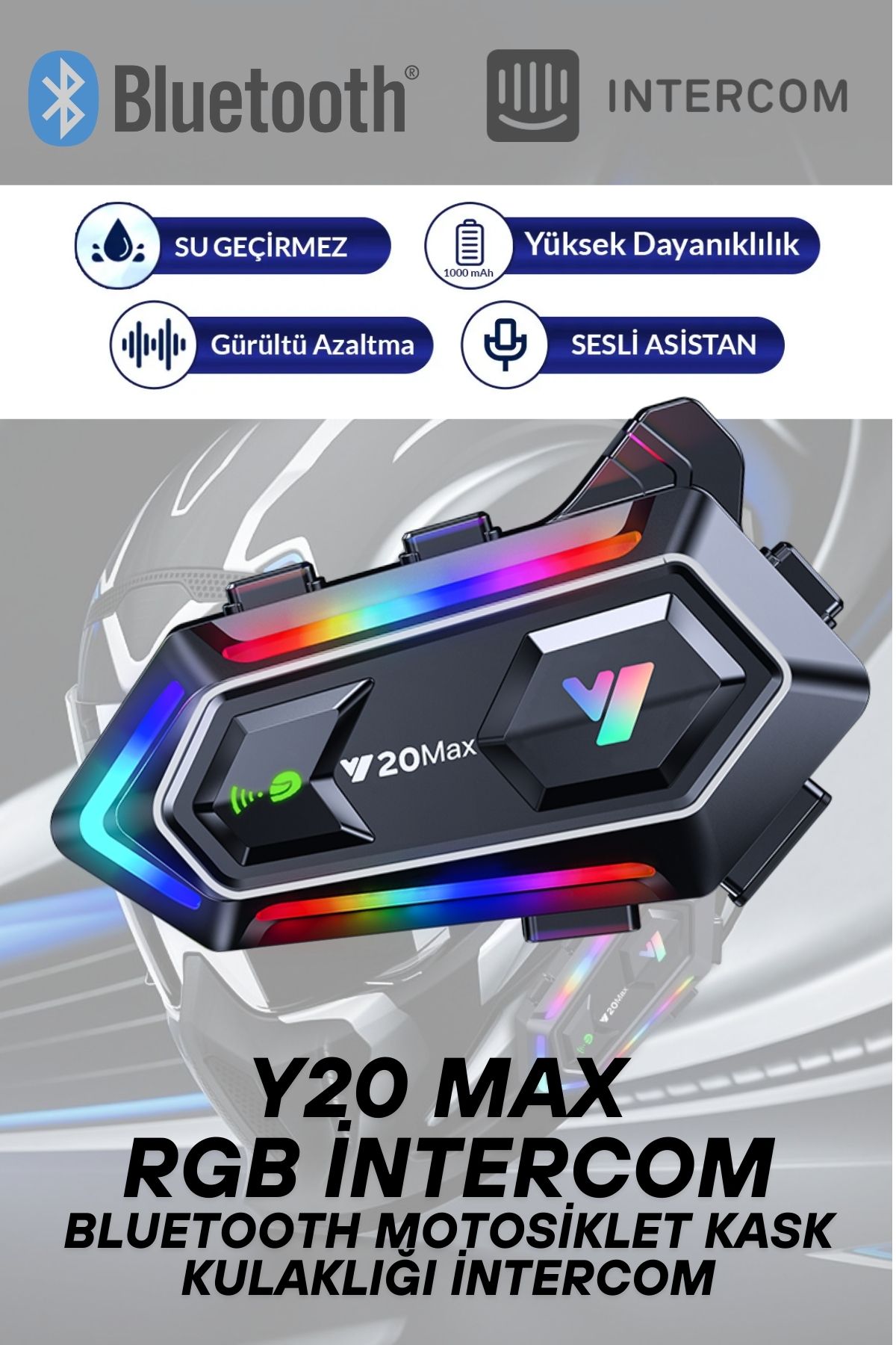ELECTROZEN Y20 MAX Motosiklet Kask Kulaklık Intercom 2 Kişi Bağlantılı 5.3 Sesli Asistan Su Geçirmez RGB Işıklı