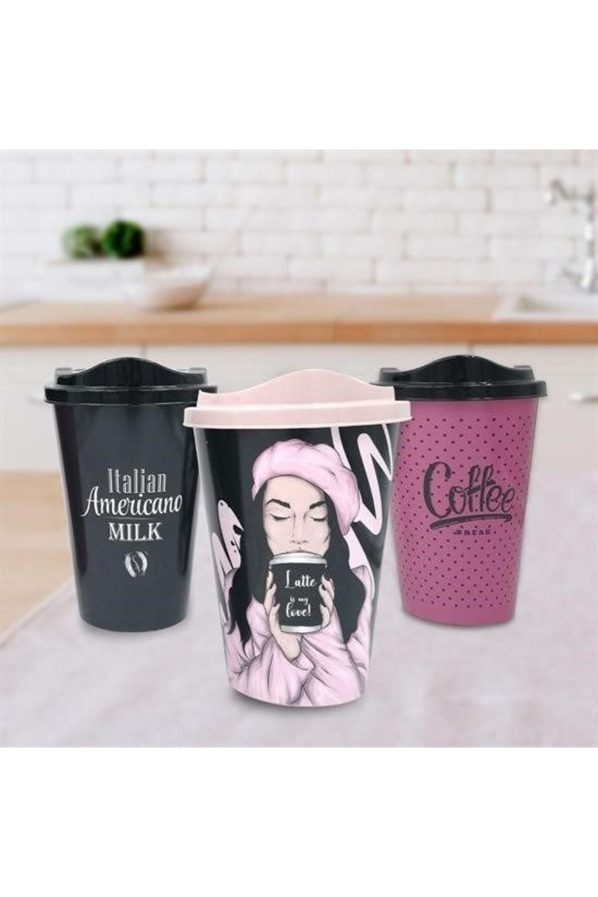 Epilons 3 Adet Kahve Bardağı Seti Dekoratif Plastik Kahve Muhafaza Bardağı