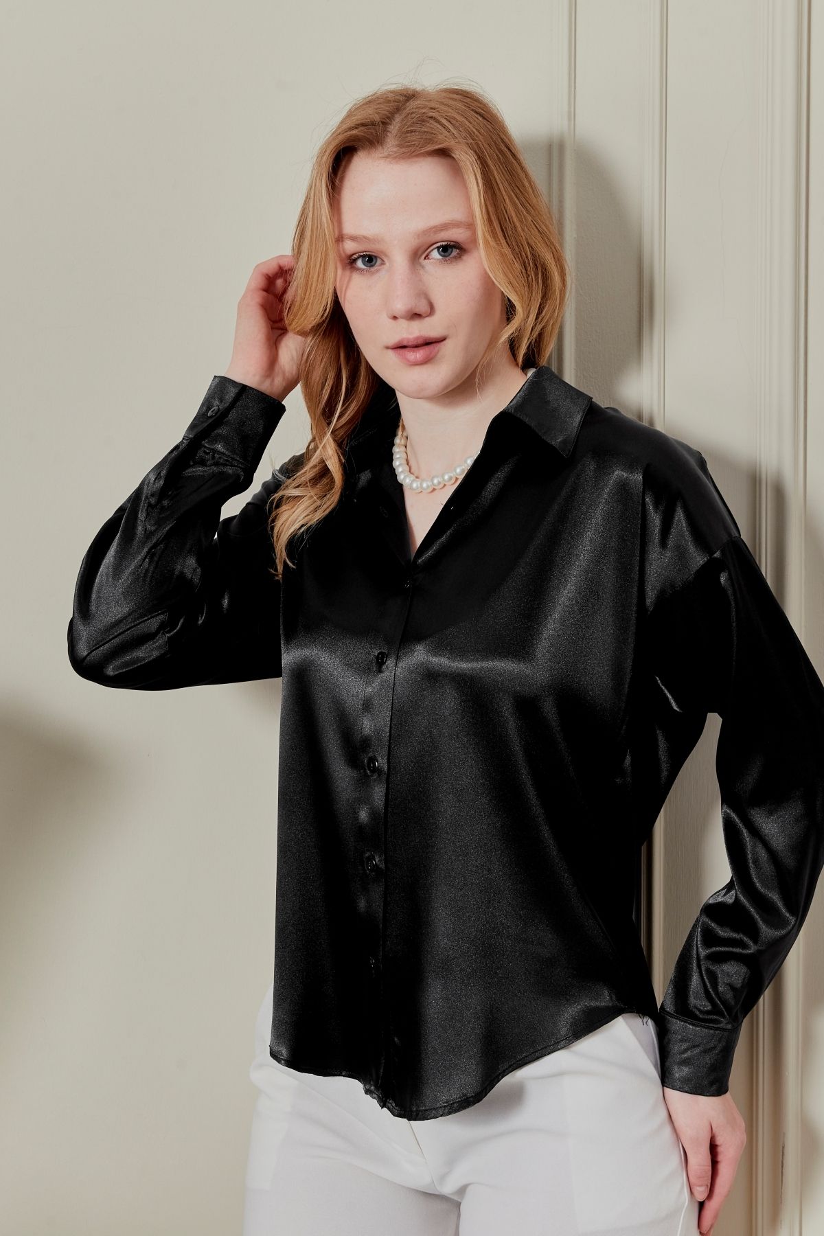 fumel women's clothing Kadın Siyah Saten Gömlek