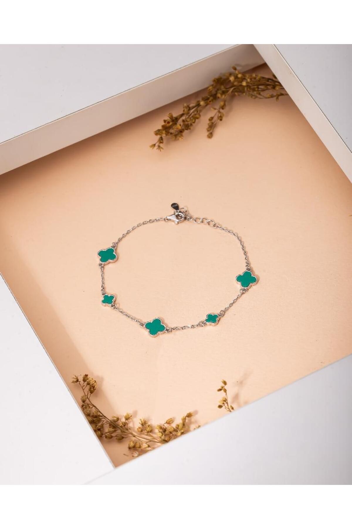 Roza Silver 925 Ayar Rodyum Turkuaz Mineli Yonca Charm Gümüş Bileklik