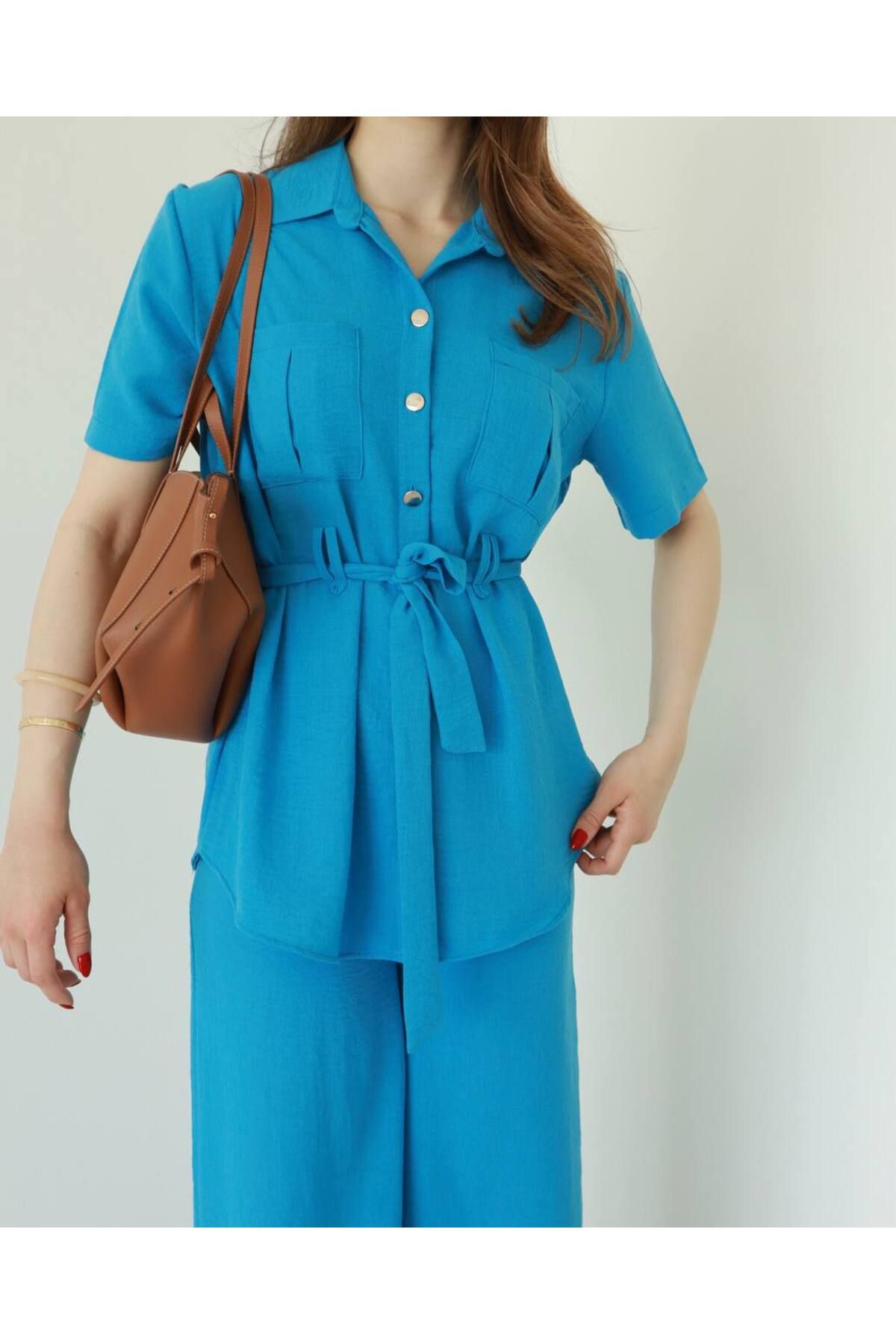VESS MODA Kadın Beli kuşak bağlamalı Düğme detaylı gömlek pantolon ikili takım