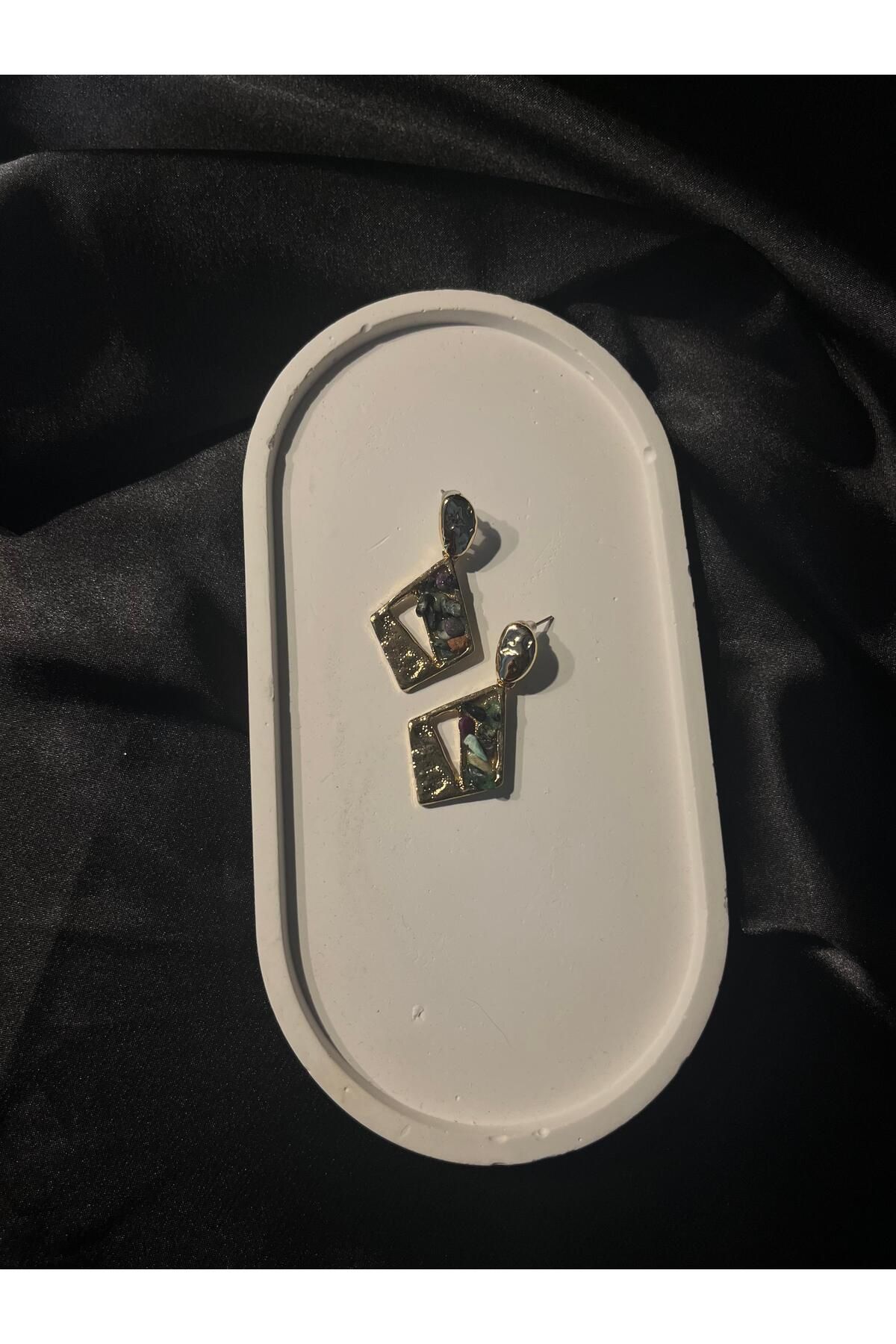 FT Tasarım ÖZEL TASARIM ÇOK RENKLİ DOĞAL TAŞLI ÇELİK GOLD KÜPE