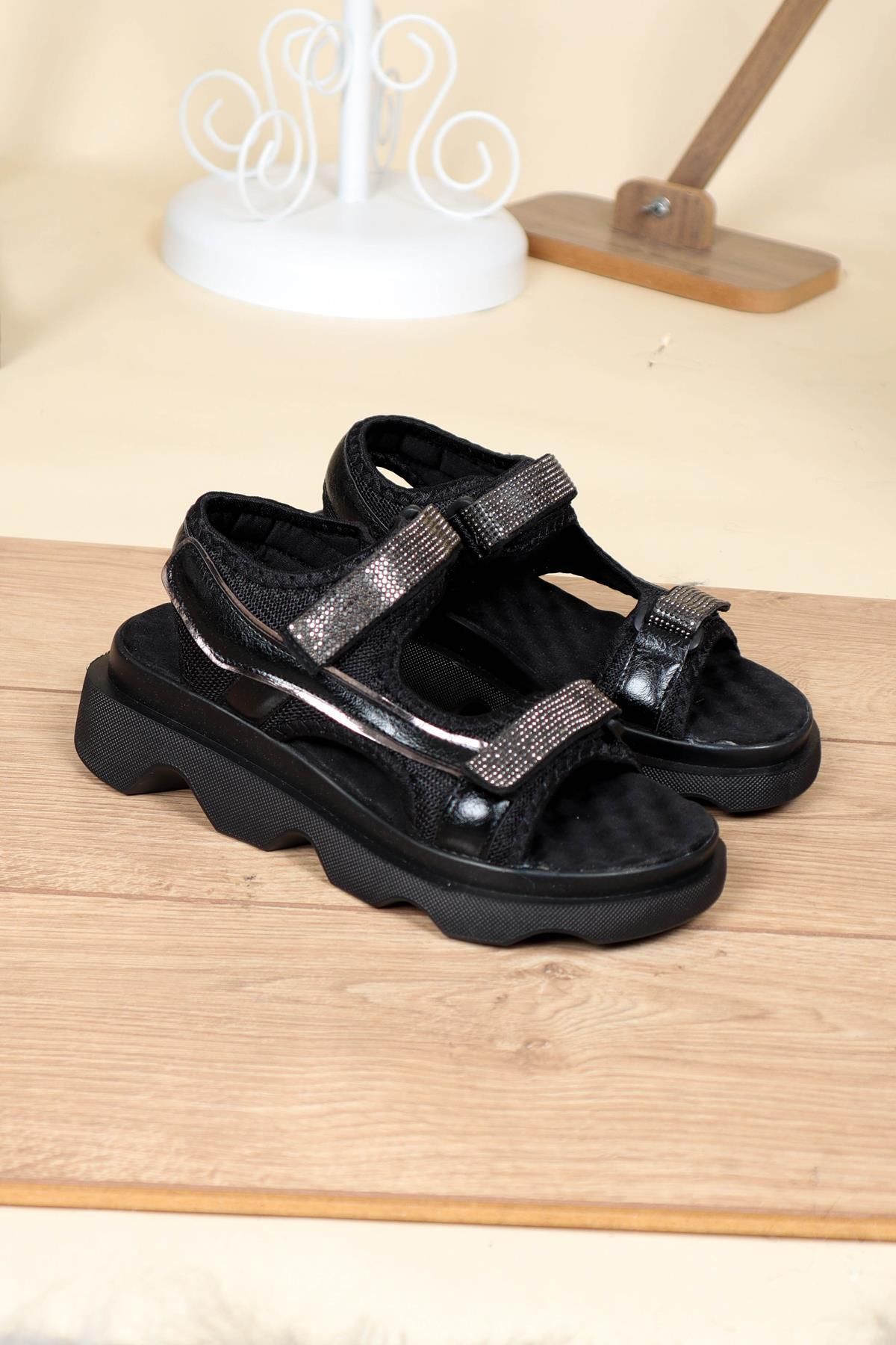 Birikon Cırtlı Kalın Taban Comfort Sandalet SİYAH