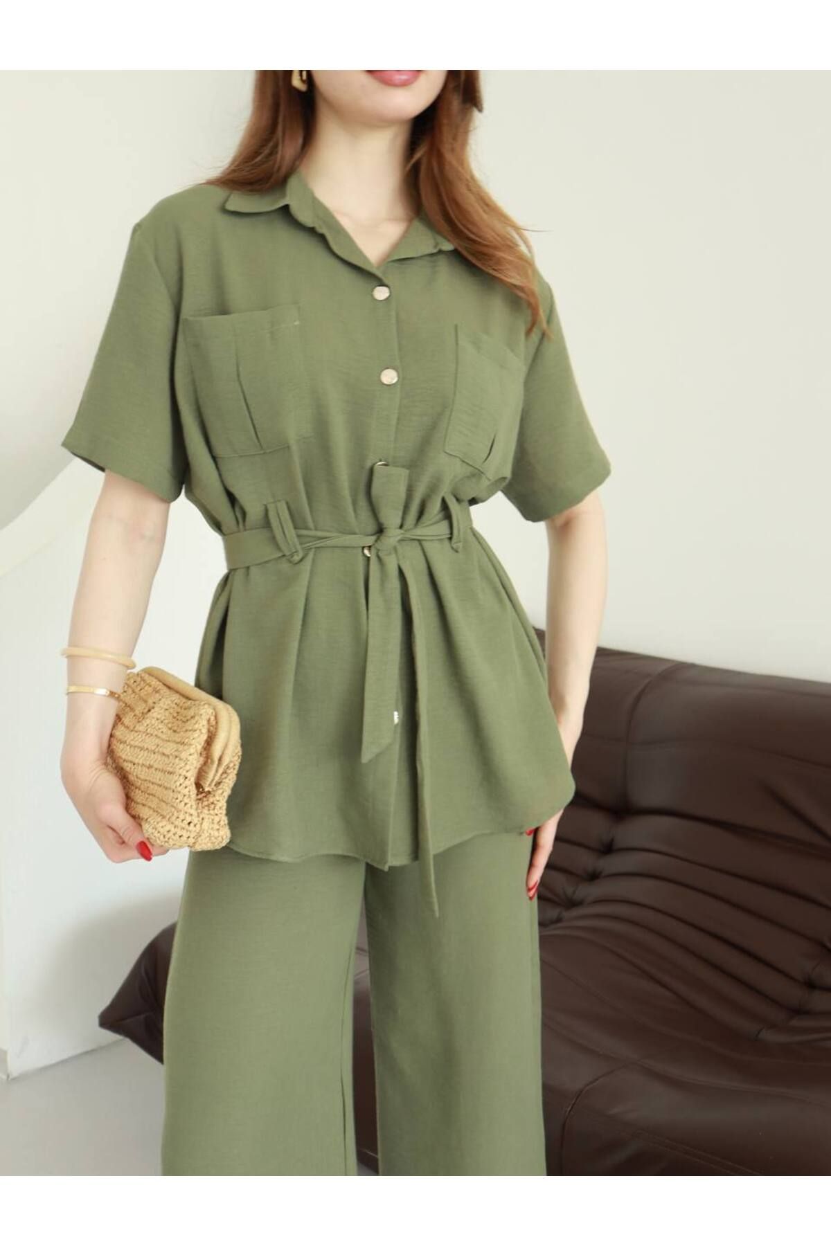VESS MODA Kadın Beli kuşak bağlamalı Düğme detaylı gömlek pantolon ikili takım