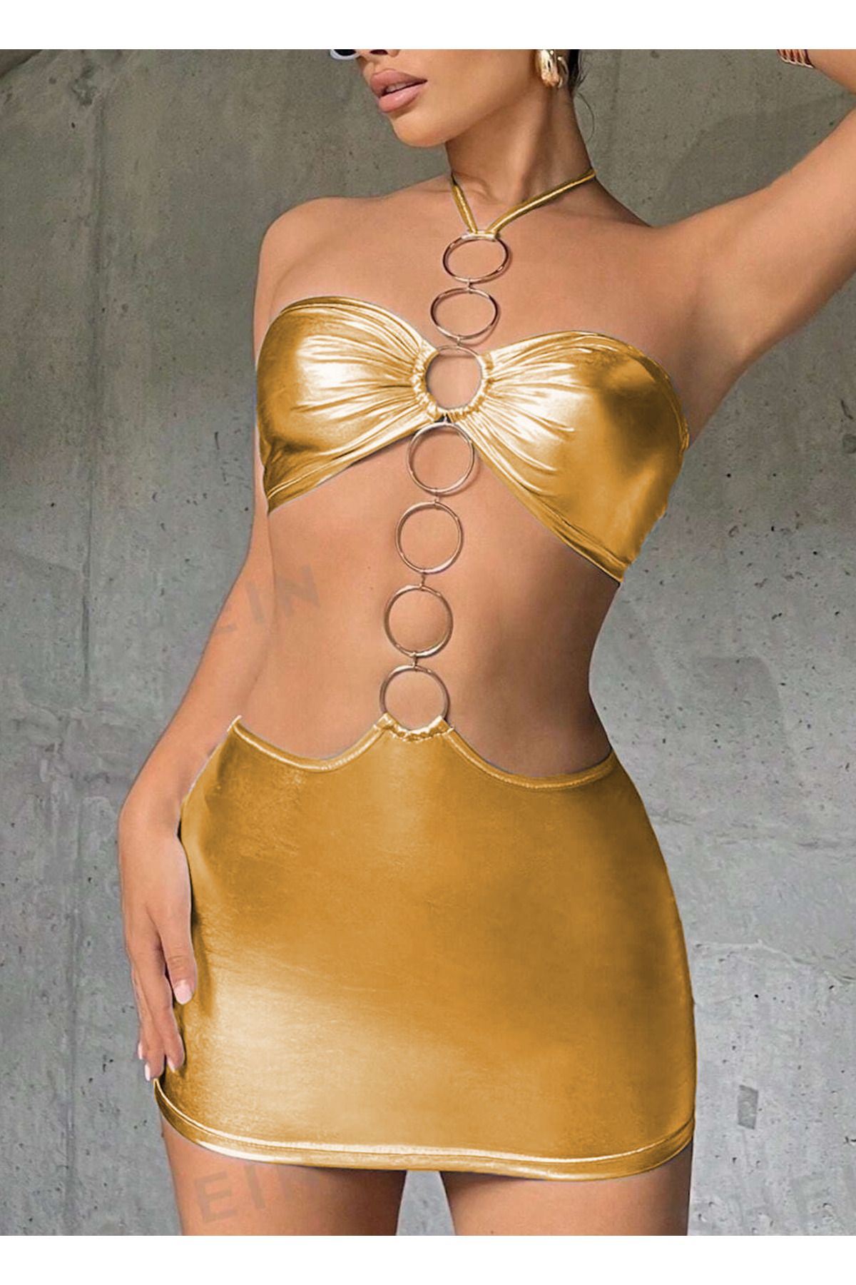 randevu Gold Metal Halkalı Mini Elbise