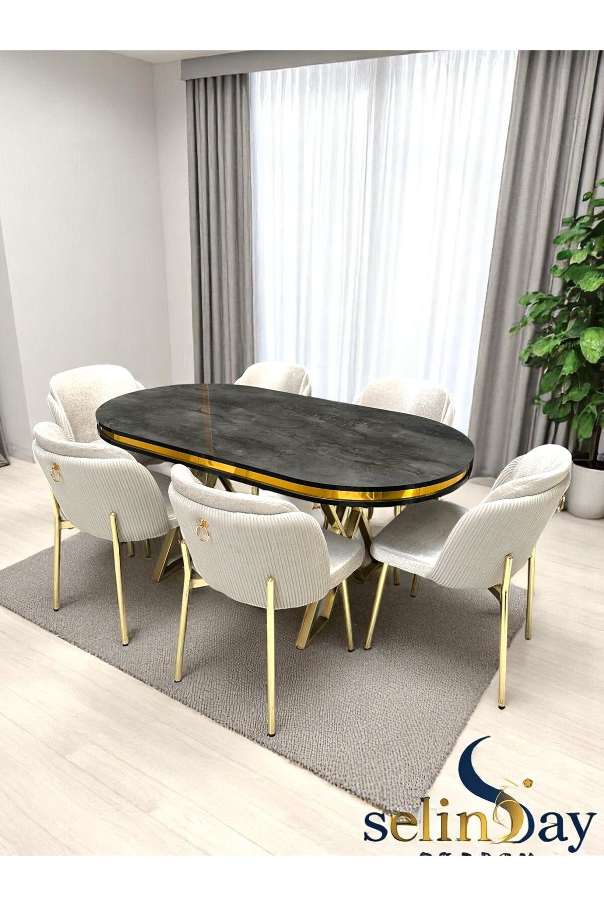 Selin Ay Desıgn 6 Kişilik Elysia Gold Line Masa Takımı BabyFace Kumaş MDF Lak Panel Masa