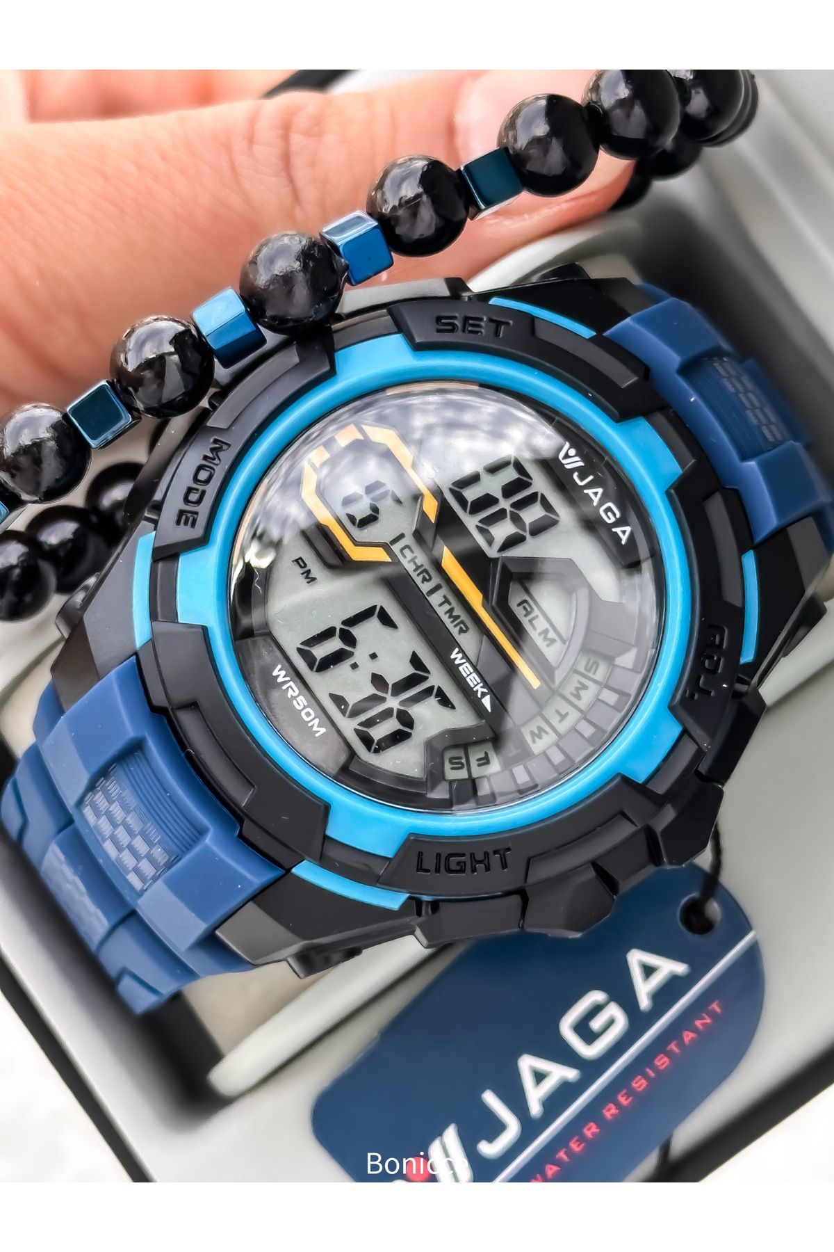 Jaga 50MM Havuz Deniz Kullanım,Işıklı,Takvimli,Kronometreli Lacivert Silikon Dijital SPOR Erkek Kol Saati