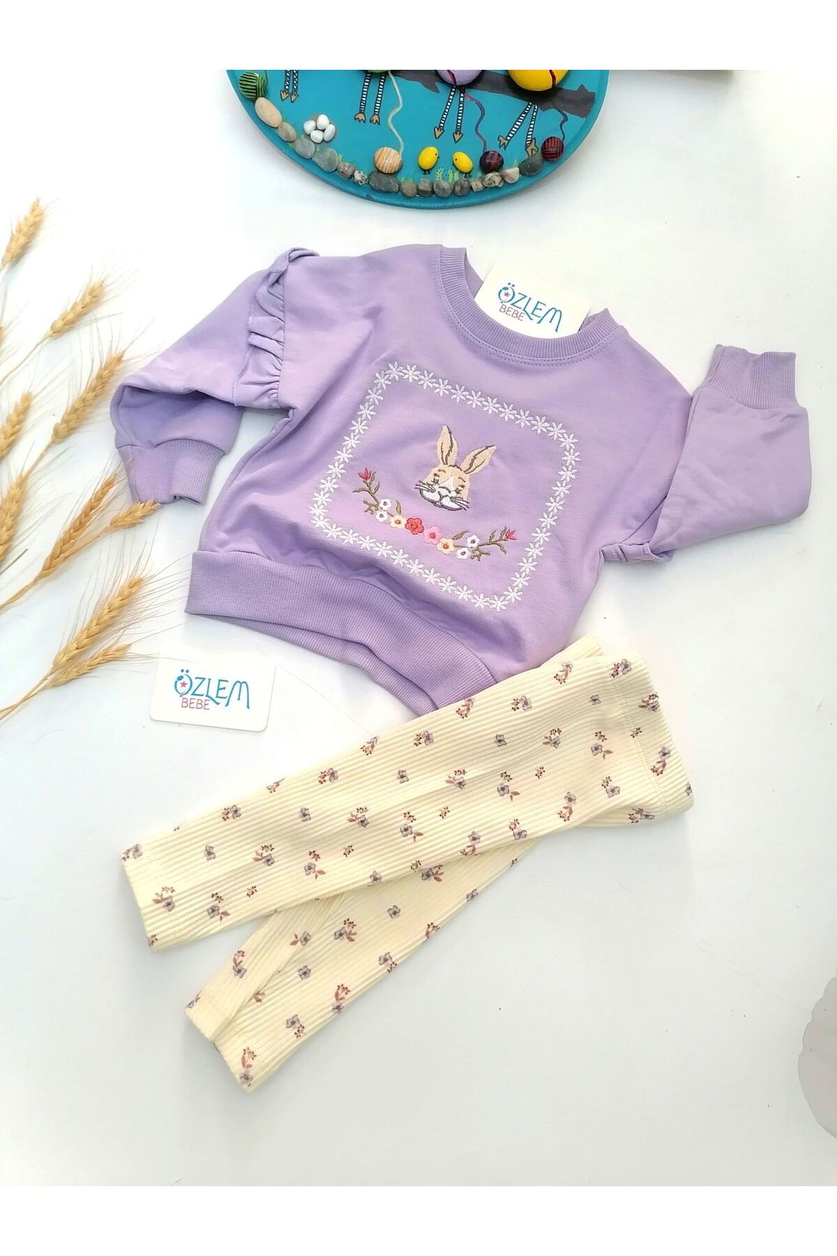 ÖZLEM BEBE Tavşan Nakış Çiçek Taytlı 2'li Tk.-Lila - 18 Ay