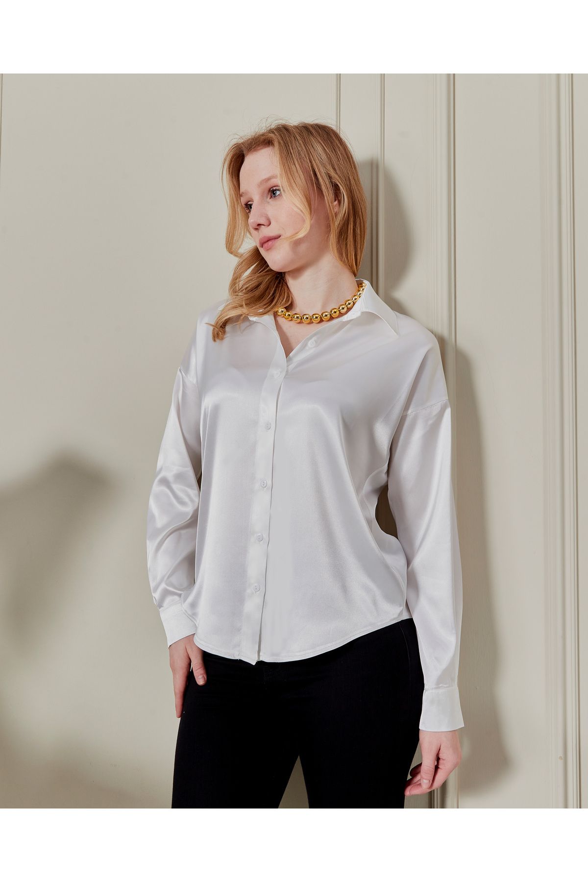 fumel women's clothing Kadın Beyaz Saten Gömlek