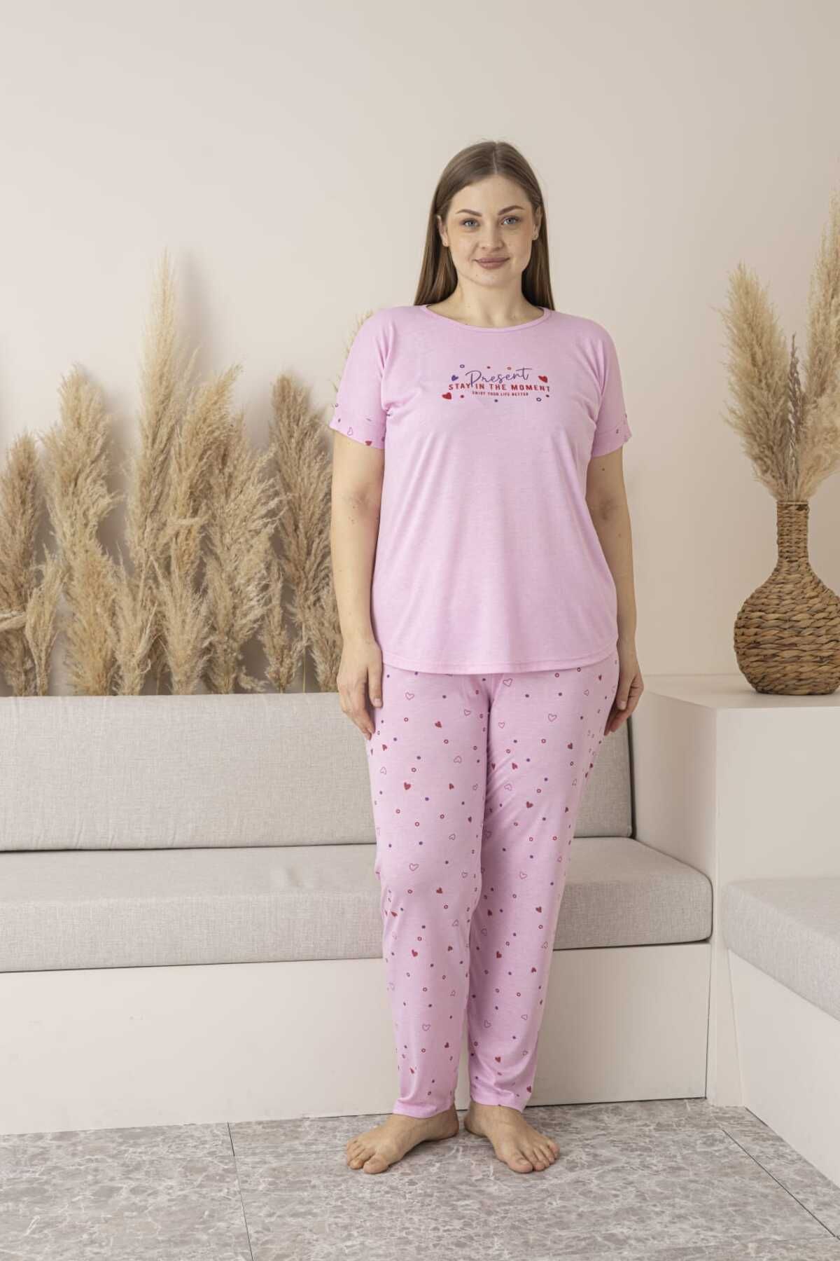 Lio20 Kadın Viskon Kısa Kol Pijama Takımı-Battal-Pembe