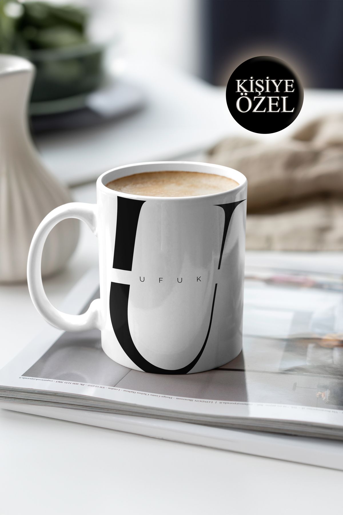 House Gorgeous Kişiye Özel U Harfi ve İsim Yazılı Siyah Renkli Tasarım Kupa Bardak 300 ml