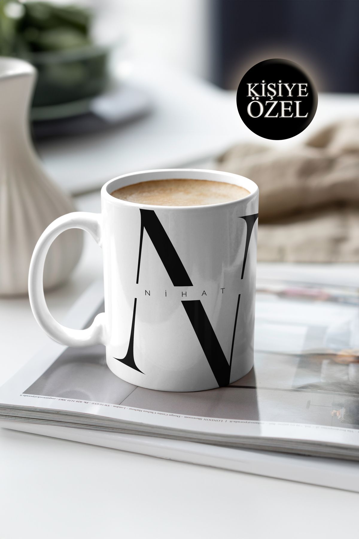 House Gorgeous Kişiye Özel N Harfi ve İsim Yazılı Siyah Renkli Tasarım Kupa Bardak 300 ml