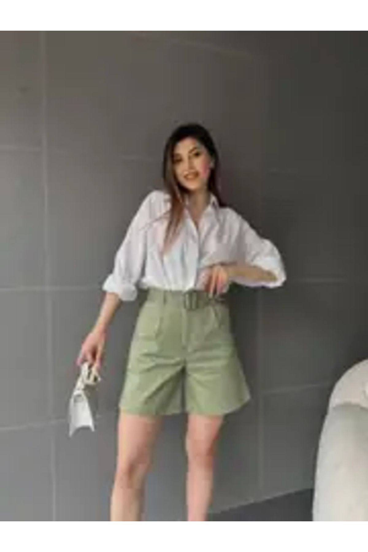 RBY Kuş Gözü Kemerli Geniş Paçalı Mom Şort - HAKİ