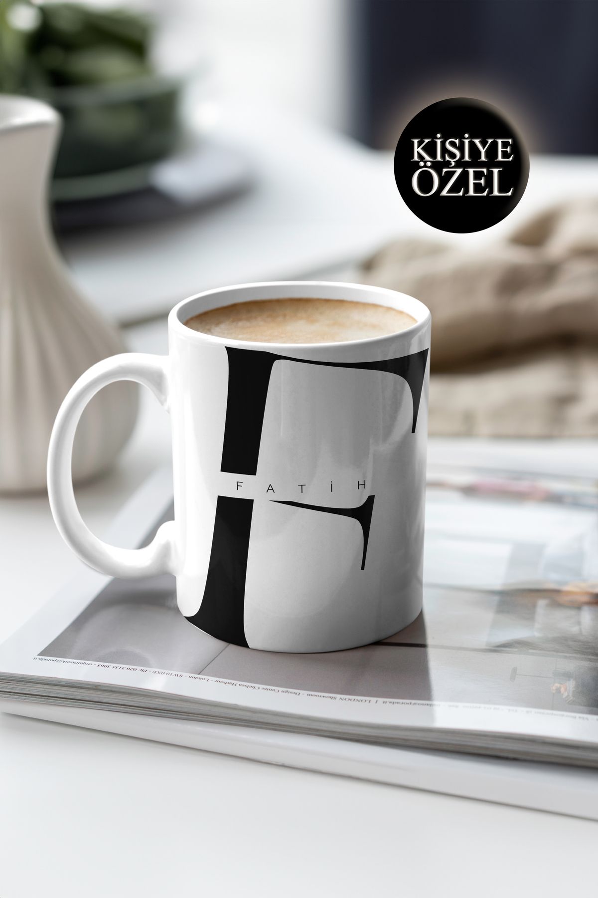 House Gorgeous Kişiye Özel F Harfi ve İsim Yazılı Siyah Renkli Tasarım Kupa Bardak 300 ml